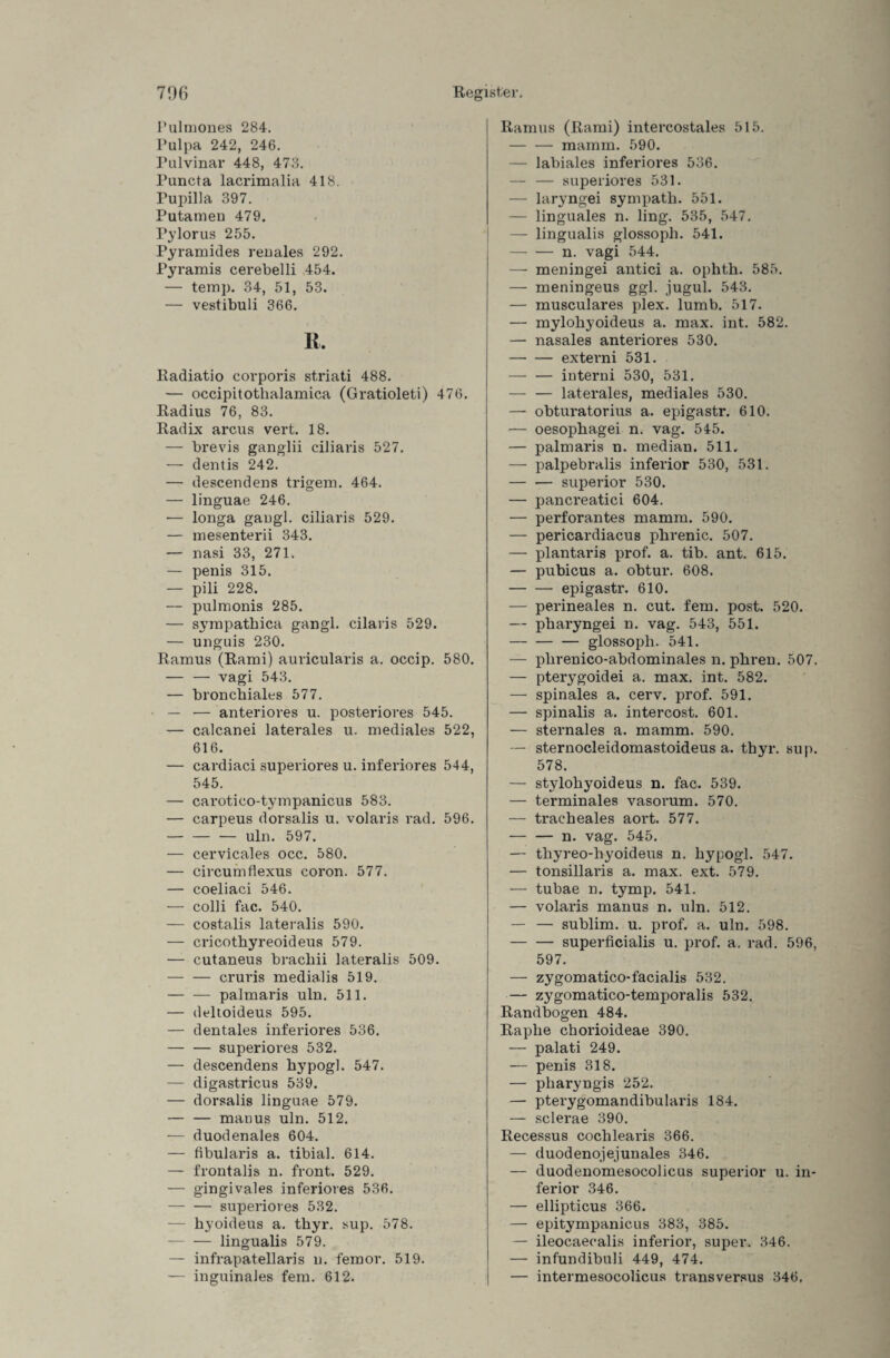 Pulmones 284. Pulpa 242, 246. Pulvinar 448, 473. Puneta lacrimalia 418. Pupilla 397. Putameu 479. Fylorus 255. Pyramides renales 292. Pyramis cerebelli 454. — temp. 34, 51, 53. — vestibuli 366. R. Radiatio corporis striati 488. — occipitothalamica (Gratioleti) 476. Radius 76, 83. Radix arcus vert. 18. — brevis ganglii ciliaris 527. — dentis 242. — descendens trigem. 464. — linguae 246. •— longa gangl. ciliaris 529. — mesenterii 343. — nasi 33, 271. — penis 315. — pili 228. — pulmonis 285. — sympathica gangl. cilaris 529. — unguis 230. Ramus (Rami) auricularis a. occip. 580. — — vagi 543. — bronchiales 577. — — anteriores u. posteriores 545. — calcanei laterales u. mediales 522, 616. — cardiaci superiores u. inferiores 544, 545. — carotico-tympanicus 583. — carpeus dorsalis u. volaris rad. 596. — — — uln. 597. — cervicales occ. 580. — circumflexus coron. 577. — coeliaci 546. — colli fac. 540. — costalis lateralis 590. — cricothyreoideus 579. — cutaneus brachii lateralis 509. — — cruris medialis 519. -palmaris uln. 511. — deltoideus 595. — dentales inferiores 536. -superiores 532. — descendens hypogl. 547. — digastricus 539. — dorsalis linguae 579. — — manus uln. 512. — duodenales 604. — fibularis a. tibial. 614. — frontalis n. front. 529. — gingivales inferiores 536. -superiores 532. — hyoideus a. thyr. sup. 578. -lingualis 579. — infrapatellaris n. femor. 519. — inguinales fern. 612. Ramus (Rami) intercostales 515. — — mamm. 590. — labiales inferiores 536. — — superiores 531. — laryngei sympath. 551. — linguales n. ling. 535, 547. — lingualis glossoph. 541. -n. vagi 544. — meningei antici a. ophth. 585. — meningeus ggl. jugul. 543. — musculares plex. lumb. 517. —• mylohyoideus a. max. int. 582. — nasales anteriores 530. -externi 531. — — interni 530, 531. — — laterales, mediales 530. — obturatorius a. epigastr. 610. — oesophagei n. vag. 545. — palmaris n. median. 511. — palpebralis inferior 530, 531. — — superior 530. — pancreatici 604. — perforantes mamm. 590. — pericardiacus phrenic. 507. — plantaris prof. a. tib. ant. 615. — pubicus a. obtur. 608. -epigastr. 610. — perineales n. cut. fern. post. 520. — pharyngei n. vag. 543, 551. -glossoph. 541. — plirenico-abdominales n. phren. 507. — pterygoidei a. max. int. 582. — spinales a. cerv. prof. 591. — spinalis a. intercost. 601. — sternales a. mamm. 590. — sternocleidomastoideus a. thyr. sup. 578. — stylohyoideus n. fac. 539. — terminales vasorum. 570. — tracheales aort. 577. — — n. vag. 545. — thyreo-hyoideus n. hypogl. 547. — tonsillaris a. max. ext. 579. — tubae n. tymp. 541. — volaris manus n. uln. 512. — — sublim, u. prof. a. uln. 598. -superficialis u. prof. a. rad. 596, 597. — zygomatico-facialis 532. — zygomatico-temporalis 532. Randbogen 484. Raplie chorioideae 390. — palati 249. — penis 318. — pliaryngis 252. — pterygomandibularis 184. — sclerae 390. Recessus cochlearis 366. — duodenojejunales 346. — duodenomesocolicus superior u. in¬ ferior 346. — ellipticus 366. — epitympanicus 383, 385. — ileocaeealis inferior, super. 346. — infundibuli 449, 474. — intermesocoücus transversus 346.
