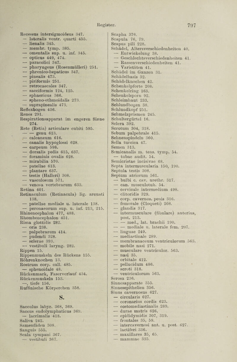 Recessus intersigmoideus 347. — lateralis ventr. quarti 455. — lienalis 345. — membr. tymp. 385. — omentalis sup. u. inf. 345. — opticus 449, 474. — paracolici 347. — pkaryngeus (Rosenmülleri) 251. — plirenico-hepaticus 347. — piuealis 473. — piriformis 251. — retrocaecales 347. — sacciformis 124, 125. — sphaericus 366. — spbeno-etbmoidalis 273. — suprapinealis 473. Reflexbogen 436. Renes 291. Respirationsapparat im engeren Sinne 274. Rete (Retia) articulare cubiti 595. — — genu 613. ,— calcaneum 616. — canalis bypoglossi 628. — carpeum 598. — dorsalis pedis 615, 637. — foraminis ovalis 628. — mirabilia 570. — patellae 613. — plantare 637. — testis (Halleri) 308. — vasculosum 571. — venosa vertebrarum 633. Retina 401. Retinaculum (Retinacula) lig. arcuati 138. — patellae mediale u. laterale 138. — peronaeorum sup. u. inf. 213, 215. Rliinencephalon 477, 488. Rhombencepkalon 451. Rima glottidis 282. — oris 238. — palpebrarum 414. — pudendi 328. — sclerae 393. — vestibuli laryng. 282. Rippen 15. Rippenmuskeln des Rückens 155. Röhrenknochen 13. Rostrum corp. call. 485. — sphenoidale 48. Rückenmark, Faserverlauf 434. Rückenmuskeln 153. —, tiefe 156. Ruffinische Körperchen 358. s. Sacculus labyr. 368, 369. Saccus endolymphaticus 369. — lacrimalis 418. Saliva 242. Samenfäden 308. Sanguis 555. Scala tympani 367. — vestibuli 367. Scapha 376. Scapula 76, 79. Scapus pili 228. Schädel, Altersverschiedenheiten 40. — Entwickelung 38. — Geschlechtsverschiedenheiten 41. — Rassenverschiedenheiten 41. — Varietäten 41. Schädel im Ganzen 31. Schädelbasis 32. Schädelknochen 42. Schenkelpforte 208. Schenkelring 163. Schenkelsporn 92. Schleimhaut 233. Schlundbogen 38. Schluudkopf 251. Schmelzprismen 245. Sch ultergiirtel 16. Sclera 392. Scrotum 304, 318. Sebum palpebrale 415. Sehnenspindeln 360. Sella turcica 47. Semen 313. Semicanalis m. tens. tymp. 54. — tubae audit. 54. Semicristae incisivae 68. Septa intermuscularia 150, 190. Septula testis 308. Septum atriorum 561. — bulbi c. cav. urethr. 317. — can. musculotub. 54. — cervicale intermedium 498. — clitoridis 329. — corp. cavernos. penis 316. — femorale (Cloqueti) 208. — glandis 317. — intermusculare (fibulare) anterius, post. 213. — — med., lat. brachii 190. — — mediale u. laterale fern. 207. — linguae 249. — mediastinale 289. —• membranaceum ventriculorum 563. — mobile nasi 271. — musculare ventriculor. 563. — nasi 35. — orbitale 412. — pellucidum 486. — scroti 318. — ventriculorum 563. Serosa 236. Siunesapparate 355. Sinnesepitlielien 356. Sinus cavernosus 627. — circularis 627. — coronarius cordis 623. — costomediastinalis 289. — durae matris 626. — epididymidis 307, 319. — frontales 35, 59. — intercavernosi ant. u. post. 627. — lactiferi 336. — maxillares 35, 65. — mammae 335.