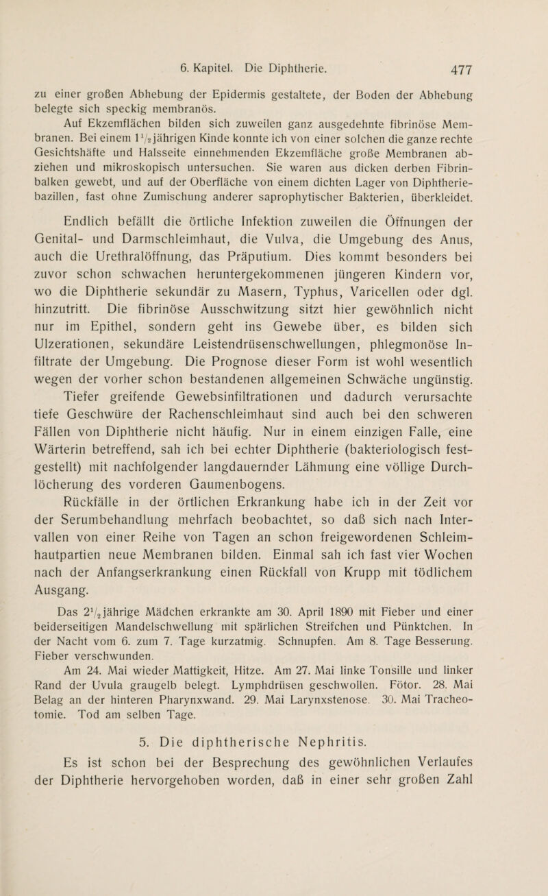 zu einer großen Abhebung der Epidermis gestaltete, der Boden der Abhebung belegte sich speckig membranös. Auf Ekzemflächen bilden sich zuweilen ganz ausgedehnte fibrinöse Mem¬ branen. Bei einem 1 ‘/2 jährigen Kinde konnte ich von einer solchen die ganze rechte Gesichtshäfte und Halsseite einnehmenden Ekzemfläche große Membranen ab- ziehen und mikroskopisch untersuchen. Sie waren aus dicken derben Fibrin¬ balken gewebt, und auf der Oberfläche von einem dichten Lager von Diphtherie¬ bazillen, fast ohne Zumischung anderer saprophytischer Bakterien, überkleidet. Endlich befällt die örtliche Infektion zuweilen die Öffnungen der Genital- und Darmschleimhaut, die Vulva, die Umgebung des Anus, auch die Urethralöffnung, das Präputium. Dies kommt besonders bei zuvor schon schwachen heruntergekommenen jüngeren Kindern vor, wo die Diphtherie sekundär zu Masern, Typhus, Varicellen oder dgl. hinzutritt. Die fibrinöse Ausschwitzung sitzt hier gewöhnlich nicht nur im Epithel, sondern geht ins Gewebe über, es bilden sich Ulzerationen, sekundäre Leistendrüsenschwellungen, phlegmonöse In¬ filtrate der Umgebung. Die Prognose dieser Form ist wohl wesentlich wegen der vorher schon bestandenen allgemeinen Schwäche ungünstig. Tiefer greifende Gewebsinfiltrationen und dadurch verursachte tiefe Geschwüre der Rachenschleimhaut sind auch bei den schweren Fällen von Diphtherie nicht häufig. Nur in einem einzigen Falle, eine Wärterin betreffend, sah ich bei echter Diphtherie (bakteriologisch fest¬ gestellt) mit nachfolgender langdauernder Lähmung eine völlige Durch¬ löcherung des vorderen Gaumenbogens. Rückfälle in der örtlichen Erkrankung habe ich in der Zeit vor der Serumbehandlung mehrfach beobachtet, so daß sich nach Inter¬ vallen von einer Reihe von Tagen an schon freigewordenen Schleim¬ hautpartien neue Membranen bilden. Einmal sah ich fast vier Wochen nach der Anfangserkrankung einen Rückfall von Krupp mit tödlichem Ausgang. Das 272 jährige Mädchen erkrankte am 30. April 1890 mit Fieber und einer beiderseitigen Mandelschwellung mit spärlichen Streifchen und Pünktchen. In der Nacht vom 6. zum 7. Tage kurzatmig. Schnupfen. Am 8. Tage Besserung. Fieber verschwunden. Am 24. Mai wieder Mattigkeit, Hitze. Am 27. Mai linke Tonsille und linker Rand der Uvula graugelb belegt. Lymphdrüsen geschwollen. Fötor. 28. Mai Belag an der hinteren Pharynxwand. 29. Mai Larynxstenose. 30. Mai Tracheo¬ tomie. Tod am selben Tage. 5. Die diphtherische Nephritis. Es ist schon bei der Besprechung des gewöhnlichen Verlaufes der Diphtherie hervorgehoben worden, daß in einer sehr großen Zahl