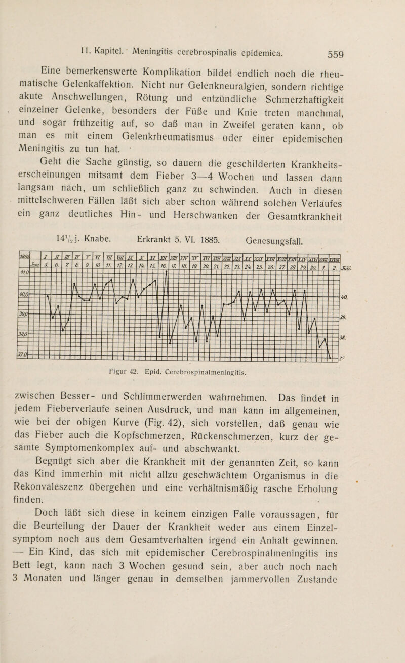 Eine bemerkenswerte Komplikation bildet endlich noch die rheu¬ matische Gelenkaffektion. Nicht nur Gelenkneuralgien, sondern richtige akute Anschwellungen, Rötung und entzündliche Schmerzhaftigkeit einzelner Gelenke, besonders der Füße und Knie treten manchmal, und sogar frühzeitig auf, so daß man in Zweifel geraten kann, ob man es mit einem Gelenkrheumatismus oder einer epidemischen Meningitis zu tun hat. • Geht die Sache günstig, so dauern die geschilderten Krankheits¬ erscheinungen mitsamt dem Fieber 3—4 Wochen und lassen dann langsam nach, um schließlich ganz zu schwinden. Auch in diesen mittelschweren Fällen läßt sich aber schon während solchen Verlaufes ein ganz deutliches Hin- und Herschwanken der Gesamtkrankheit 141/2j. Knabe. Erkrankt 5. VI. 1885. Genesungsfall. zwischen Besser- und Schlimmerwerden wahrnehmen. Das findet in jedem Fieberverlaufe seinen Ausdruck, und man kann im allgemeinen, wie bei der obigen Kurve (Fig. 42), sich vorstellen, daß genau wie das Fieber auch die Kopfschmerzen, Rückenschmerzen, kurz der ge¬ samte Symptomenkomplex auf- und abschwankt. Begnügt sich aber die Krankheit mit der genannten Zeit, so kann das Kind immerhin mit nicht allzu geschwächtem Organismus in die Rekonvaleszenz übergehen und eine verhältnismäßig rasche Erholung finden. Doch läßt sich diese in keinem einzigen Falle Voraussagen, für die Beurteilung der Dauer der Krankheit weder aus einem Einzel¬ symptom noch aus dem Gesamtverhalten irgend ein Anhalt gewinnen. — Ein Kind, das sich mit epidemischer Cerebrospinalmeningitis ins Bett legt, kann nach 3 Wochen gesund sein, aber auch noch nach 3 Monaten und länger genau in demselben jammervollen Zustande