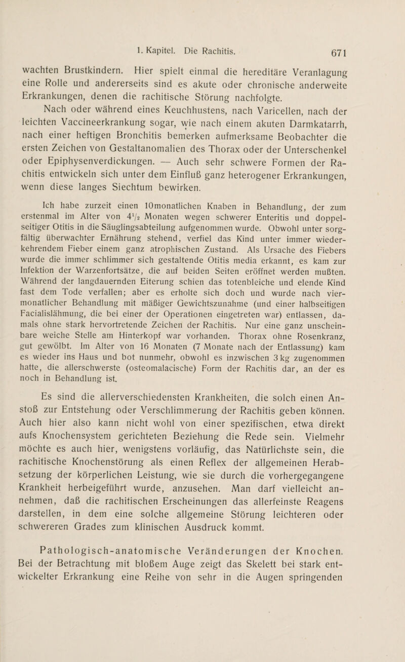 wachten Brustkindern. Hier spielt einmal die hereditäre Veranlagung eine Rolle und andererseits sind es akute oder chronische anderweite Erkrankungen, denen die rachitische Störung nachfolgte. Nach oder während eines Keuchhustens, nach Varicellen, nach der leichten Vaccineerkrankung sogar, wie nach einem akuten Darmkatarrh, nach einer heftigen Bronchitis bemerken aufmerksame Beobachter die ersten Zeichen von Gestaltanomalien des Thorax oder der Unterschenkel oder Epiphysenverdickungen. — Auch sehr schwere Formen der Ra¬ chitis entwickeln sich unter dem Einfluß ganz heterogener Erkrankungen, wenn diese langes Siechtum bewirken. Ich habe zurzeit einen lOmonatlichen Knaben in Behandlung, der zum erstenmal im Alter von 4x/2 Monaten wegen schwerer Enteritis und doppel¬ seitiger Otitis in die Säuglingsabteilung aufgenommen wurde. Obwohl unter sorg¬ fältig überwachter Ernährung stehend, verfiel das Kind unter immer wieder¬ kehrendem Fieber einem ganz atrophischen Zustand. Als Ursache des Fiebers wurde die immer schlimmer sich gestaltende Otitis media erkannt, es kam zur Infektion der Warzenfortsätze, die auf beiden Seiten eröffnet werden mußten. Während der langdauernden Eiterung schien das totenbleiche und elende Kind fast dem Tode verfallen; aber es erholte sich doch und wurde nach vier¬ monatlicher Behandlung mit mäßiger Gewichtszunahme (und einer halbseitigen Facialislähmung, die bei einer der Operationen eingetreten war) entlassen, da¬ mals ohne stark hervortretende Zeichen der Rachitis. Nur eine ganz unschein¬ bare weiche Stelle am Flinterkopf war vorhanden. Thorax ohne Rosenkranz, gut gewölbt. Im Alter von 16 Monaten (7 Monate nach der Entlassung) kam es wieder ins Haus und bot nunmehr, obwohl es inzwischen 3 kg zugenommen hatte, die allerschwerste (osteomalacische) Form der Rachitis dar, an der es noch in Behandlung ist. Es sind die allerverschiedensten Krankheiten, die solch einen An¬ stoß zur Entstehung oder Verschlimmerung der Rachitis geben können. Auch hier also kann nicht wohl von einer spezifischen, etwa direkt aufs Knochensystem gerichteten Beziehung die Rede sein. Vielmehr möchte es auch hier, wenigstens vorläufig, das Natürlichste sein, die rachitische Knochenstörung als einen Reflex der allgemeinen Herab¬ setzung der körperlichen Leistung, wie sie durch die vorhergegangene Krankheit herbeigeführt wurde, anzusehen. Man darf vielleicht an¬ nehmen, daß die rachitischen Erscheinungen das allerfeinste Reagens darstellen, in dem eine solche allgemeine Störung leichteren oder schwereren Grades zum klinischen Ausdruck kommt. Pathologisch-anatomische Veränderungen der Knochen. Bei der Betrachtung mit bloßem Auge zeigt das Skelett bei stark ent¬ wickelter Erkrankung eine Reihe von sehr in die Augen springenden