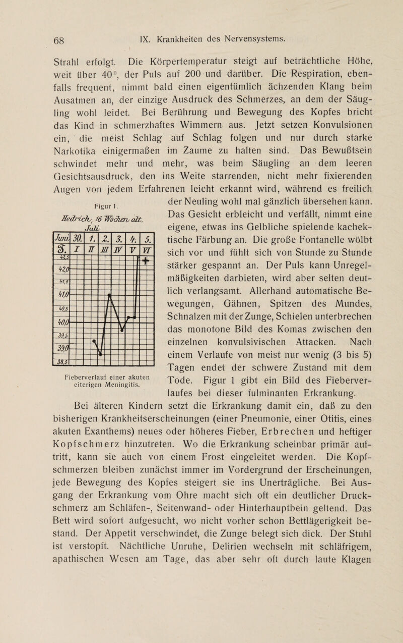 Strahl erfolgt. Die Körpertemperatur steigt auf beträchtliche Höhe, weit über 40°, der Puls auf 200 und darüber. Die Respiration, eben¬ falls frequent, nimmt bald einen eigentümlich ächzenden Klang beim Ausatmen an, der einzige Ausdruck des Schmerzes, an dem der Säug¬ ling wohl leidet. Bei Berührung und Bewegung des Kopfes bricht das Kind in schmerzhaftes Wimmern aus. Jetzt setzen Konvulsionen ein, die meist Schlag auf Schlag folgen und nur durch starke Narkotika einigermaßen im Zaume zu halten sind. Das Bewußtsein schwindet mehr und mehr, was beim Säugling an dem leeren Gesichtsausdruck, den ins Weite starrenden, nicht mehr fixierenden Augen von jedem Erfahrenen leicht erkannt wird, während es freilich der Neuling wohl mal gänzlich übersehen kann. Das Gesicht erbleicht und verfällt, nimmt eine eigene, etwas ins Gelbliche spielende kachek- tische Färbung an. Die große Fontanelle wölbt sich vor und fühlt sich von Stunde zu Stunde stärker gespannt an. Der Puls kann Unregel¬ mäßigkeiten darbieten, wird aber selten deut¬ lich verlangsamt. Allerhand automatische Be¬ wegungen, Gähnen, Spitzen des Mundes, Schnalzen mit der Zunge, Schielen unterbrechen das monotone Bild des Komas zwischen den einzelnen konvulsivischen Attacken. Nach einem Verlaufe von meist nur wenig (3 bis 5) Tagen endet der schwere Zustand mit dem Tode. Figur 1 gibt ein Bild des Fieberver¬ laufes bei dieser fulminanten Erkrankung. Bei älteren Kindern setzt die Erkrankung damit ein, daß zu den bisherigen Krankheitserscheinungen (einer Pneumonie, einer Otitis, eines akuten Exanthems) neues oder höheres Fieber, Erbrechen und heftiger Kopfschmerz hinzutreten. Wo die Erkrankung scheinbar primär auf- tritt, kann sie auch von einem Frost eingeleitet werden. Die Kopf¬ schmerzen bleiben zunächst immer im Vordergrund der Erscheinungen, jede Bewegung des Kopfes steigert sie ins Unerträgliche. Bei Aus¬ gang der Erkrankung vom Ohre macht sich oft ein deutlicher Druck¬ schmerz am Schläfen-, Seitenwand- oder Hinterhauptbein geltend. Das Bett wird sofort aufgesucht, wo nicht vorher schon Bettlägerigkeit be¬ stand. Der Appetit verschwindet, die Zunge belegt sich dick. Der Stuhl ist verstopft. Nächtliche Unruhe, Delirien wechseln mit schläfrigem, apathischen Wesen am Tage, das aber sehr oft durch laute Klagen Figur 1. Hedj'icliS' 16 Wöcherv alt. Juli Fieberverlauf einer akuten eiterigen Meningitis.