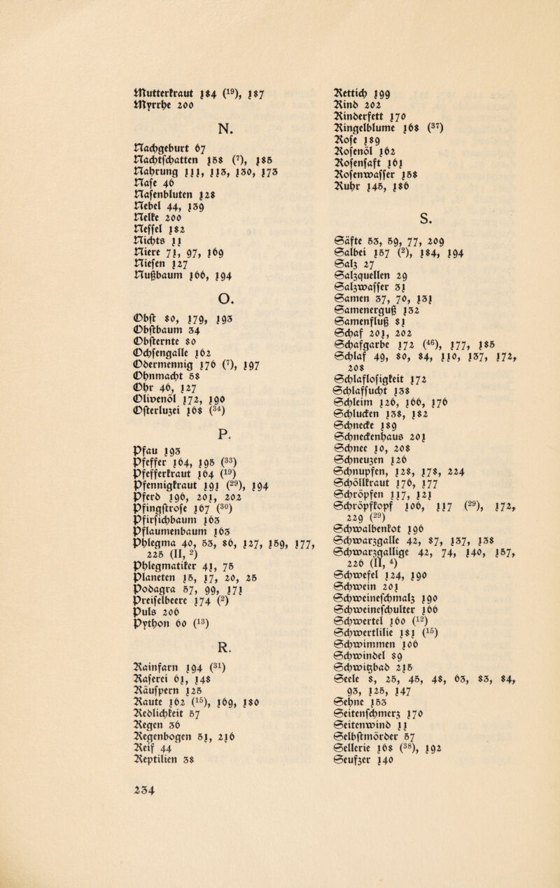 tftutterfraut J$4 (19), |$7 ittyrrhe zoo N. Hachgeburt 67 Hachtfchatten |5$ (7), |$5 Habrung |||, j?3, }30, 173 Hafe 46 Hafenbluten |2$ Hebel 44, J39 Helfe zoo Heffel |$2 nichts ?| Hiere 71, 97, 169 Hiefen 127 Hußbaum jbb, ; 94 o. (Dbft $0, 179, 193 0bftbaum 34 0bfternte $0 0chfengallc 162 0bermenntg 176 (7), 197 0hnmacht 5$ 0br 4b, 127 0lit>enöl 172, 190 0fterluzei |b$ (34) P. Pfau 193 Pfeffer 164, I9& (33) Pfefferfraut 164 (19) Pfennigkraut |9| (29), 194 Pferb 196, 201, 202 Pfingftrofe 167 (30) Pfirficbbaum j 63 Pflaumenbaum |b3 Phlegma 40, 53, $6, 127, ?59, 177, 225 (II, 2) Pblegmatifer 41, 75 Planeten jb, 17, 20, 25 Pobagra 57, 99, |7| Pteifelbeere 174 (2) Puls 206 Python 60 (13) R. Rainfarn 194 (31) Roftrei b|, |4$ Räufpern |25 ^aute 162 (15), 169, ?$o Reblichfeit 57 Regen 36 Regenbogen 5|, 2j6 Reif 44 Reptilien 3$ Rettich 199 Rinb 202 Rinberfett 170 Ringelblume |6$ (37) Rofe |$9 Rofenöl 162 Rofenfaft |6| Rofenwaffer |5$ Ruhr 145, J$b S. Safte 53, 59, 77, 209 Salbei |57 (2), |$4, 194 Salz 27 Salzquellen 29 Salzwaffer 3| Samen 37, 70, |3| Samenerguß J32 Samenfluß $| Schaf 201, 202 Schafgarbe 172 (46), 177, ?$5 Schlaf 49, $0, $4, !?o, 137, 172, 20$ Schlaf lofigf eit 172 Schlaffucht |3$ Schleim 126, 166, 176 Schlurfen |3$, 1 $2 Sdmerfe j $9 Schneckenhaus 201 Schnee jo, 20$ Schneuzen 126 Schnupfen, |2$, J7$, 224 Schöllkraut 17b, J77 Schröpfen j j 7, 12j Schröpfkopf job, ||7 (29), 17 h 229 (29) Schwalbenkot 19b Schwarzgalle 42, $7, j37, |3$ Schwarzgallige 42, 74, 140, ?57, 22b (II, 4) Schwefel 124, 19b Schwein 201 Schweinefchmalz 190 Sc(m>einefchulter |bb Schwertel jbo (12) Schwertlilie |$| (15) Schwimmen j ob Schwinbel $9 Schwi^bab 215 Seele $, 25, 45, 4$, 63, $3, $4, 93, 1*6, 147 Sehne J53 Seitenfehmerz 170 Seitenwinb || Selbftmörber 57 Sellerie |b$ (38), 192 Seufzer 140 Z 34