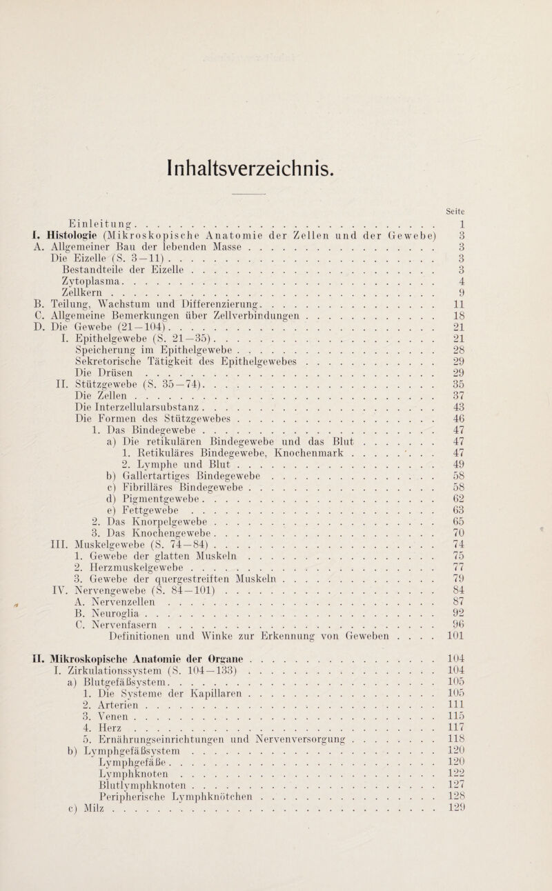 Inhaltsverzeichnis. Seite Einleitung. 1 I. Histologie (Mikroskopische Anatomie der Zellen und der Gewebe) 3 A. Allgemeiner Bau der lebenden Masse. 3 Die Eizelle (S. 3 — 11). 3 Bestandteile der Eizelle. 3 Zytoplasma. 4 Zellkern. 9 B. Teilung, Wachstum und Differenzierung. 11 C. Allgemeine Bemerkungen über Zellverbindungen. 18 D. Die Gewebe (21 — 104). 21 I. Epithelgewebe (S. 21 — 35). 21 Speicherung im Epithelgewebe. 28 Sekretorische Tätigkeit des Epithelgewebes. 29 Die Drüsen. 29 II. Stützgewebe (S. 35 — 74). 35 Die Zellen. 37 Die Interzellularsubstanz. 43 Die Formen des Stützgewebes. 46 1. Das Bindegewebe. 47 a) Die retikulären Bindegewebe und das Blut. 47 1. Retikuläres Bindegewebe, Knochenmark. 47 2. Lymphe und Blut. 49 b) Gallertartiges Bindegewebe. 58 c) Fibrilläres Bindegewebe. 58 d) Pigmentgewebe. 62 e) Fettgewebe. 63 2. Das Knorpelgewebe. 65 3. Das Knochengewebe. 70 III. Muskelgewebe (S. 74 — 84). 74 1. Gewebe der glatten Muskeln. 75 2. Herzmuskelgewebe. 77 3. Gewebe der quergestreiften Muskeln. 79 IV. Nervengewebe (S. 84 — 101). 84 A. Nervenzellen. 87 B. Neuroglia. 92 C. Nervenfasern. 96 Definitionen und Winke zur Erkennung von Geweben .... 101 II. Mikroskopische Anatomie (1er Organe.104 I. Zirkulationssystem (S. 104 — 133). 104 a) Blutgefäßsystem.105 1. Die Systeme der Kapillaren.105 2. Arterien. 111 3. Venen.115 4. Herz.117 5. Ernährungseinrichtungen und Nervenversorgung.118 b) Lymphgefäßsystem.120 Lymphgefäße.120 Lymphknoten.122 Blutlymphknoten.127 Peripherische Lymphknötchen.128 c) Milz .. 129