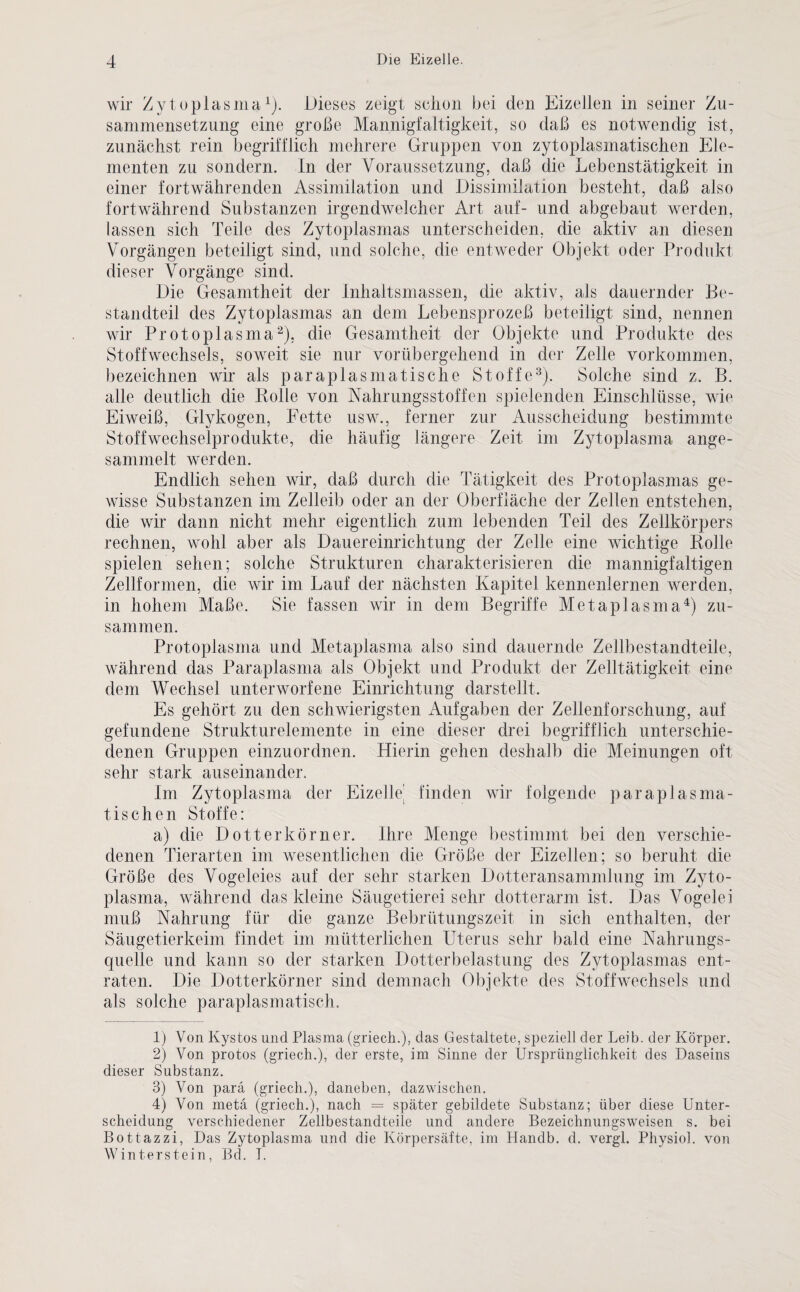 wir Zytoplasma1). Dieses zeigt schon bei den EizeJlen in seiner Zu¬ sammensetzung eine große Mannigfaltigkeit, so daß es notwendig ist, zunächst rein begrifflich mehrere Gruppen von zytoplasmatischen Ele¬ menten zu sondern. In der Voraussetzung, daß die Lebenstätigkeit in einer fortwährenden Assimilation und Dissimilation besteht, daß also fortwährend Substanzen irgendwelcher Art auf- und abgebaut werden, lassen sich Teile des Zytoplasmas unterscheiden, die aktiv an diesen Vorgängen beteiligt sind, und solche, die entweder Objekt, oder Produkt dieser Vorgänge sind. Die Gesamtheit der Inhaltsmassen, die aktiv, als dauernder Be¬ standteil des Zytoplasmas an dem Lebensprozeß beteiligt sind, nennen wir Protoplasma2), die Gesamtheit der Objekte und Produkte des Stoffwechsels, soweit sie nur vorübergehend in der Zelle Vorkommen, bezeichnen wir als paraplasmatische Stoffe3). Solche sind z. B. alle deutlich die Bolle von Nahrungsstoffen spielenden Einschlüsse, wie Eiweiß, Glykogen, Fette usw., ferner zur Ausscheidung bestimmte Stoffwechselprodukte, die häufig längere Zeit im Zytoplasma ange¬ sammelt werden. Endlich sehen wir, daß durch die Tätigkeit des Protoplasmas ge¬ wisse Substanzen im Zelleib oder an der Oberfläche der Zellen entstehen, die wir dann nicht mehr eigentlich zum lebenden Teil des Zellkörpers rechnen, wohl aber als Dauereinrichtung der Zelle eine wichtige Bolle spielen sehen; solche Strukturen charakterisieren die mannigfaltigen Zellformen, die wir im Lauf der nächsten Kapitel kennenlernen werden, in hohem Maße. Sie fassen wir in dem Begriffe Metaplasma4) zu¬ sammen. Protoplasma und Metaplasma also sind dauernde Zellbestandteile, während das Paraplasma als Objekt und Produkt der Zelltätigkeit eine dem Wechsel unterworfene Einrichtung darstellt. Es gehört zu den schwierigsten Aufgaben der Zellenforschung, auf gefundene Strukturelemente in eine dieser drei begrifflich unterschie¬ denen Gruppen einzuordnen. Hierin gehen deshalb die Meinungen oft sehr stark auseinander. Im Zytoplasma der Eizelle’ finden wir folgende paraplasma¬ tischen Stoffe: a) die Dotterkörner. Ihre Menge bestimmt bei den verschie¬ denen Tierarten im wesentlichen die Größe der Eizellen; so beruht die Größe des Vogeleies auf der sehr starken Dotteransammlung im Zyto¬ plasma, während das kleine Säugetierei sehr dotterarm ist. Das Vogelei muß Nahrung für die ganze Bebriitungszeit, in sich enthalten, der Säugetierkeim findet im mütterlichen Uterus sehr bald eine Nahrungs¬ quelle und kann so der starken Dotterbelastung des Zytoplasmas ent- raten. Die Dotterkörner sind demnach Objekte des Stoffwechsels und als solche paraplasmatisch. 1) Von Kystos und Plasma (griech.), das Gestaltete, speziell der Leib, der Körper. 2) Von protos (griech.), der erste, im Sinne der Ursprünglichkeit des Daseins dieser Substanz. 3) Von parä (griech.), daneben, dazwischen. 4) Von metä (griech.), nach = später gebildete Substanz; über diese Unter¬ scheidung verschiedener Zellbestandteile und andere Bezeichnungsweisen s. bei Bottazzi, Das Zytoplasma und die Körpersäfte, im Handb. d. vergl. Physiol. von Winterstein, Bd. T.