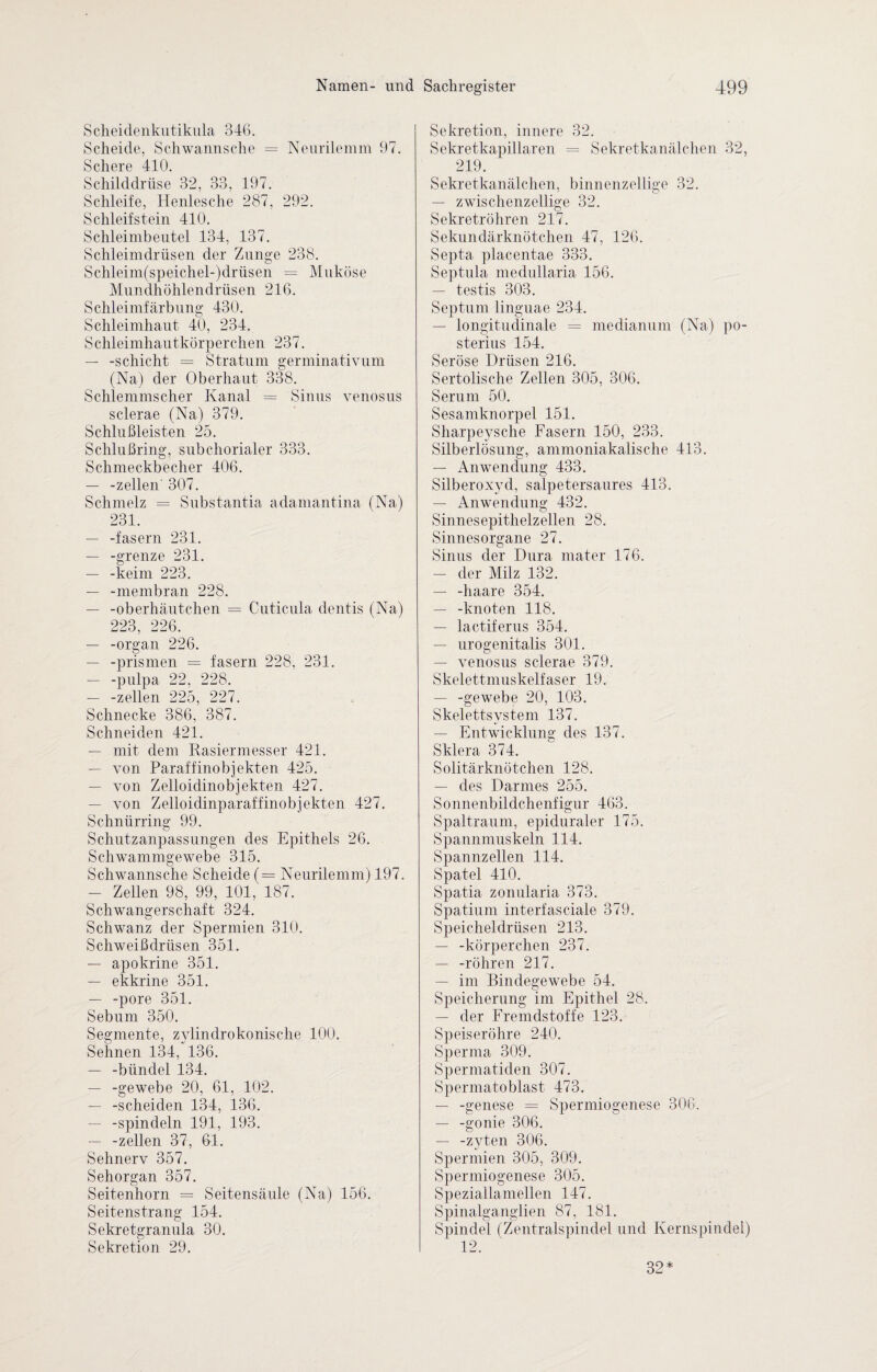 Scheidenkutiknla 346. Scheide, Schwannsche = Neurilemm 97. Schere 410. Schilddrüse 32, 33, 197. Schleife, Henlesche 287, 292. Schleifstein 410. Schleimbeutel 134, 137. Schleimdrüsen der Zunge 238. Schleim(speichel-)drüsen = Muköse Mundhöhlendrüsen 216. Schleimfärbung 130. Schleimhaut 40, 231. Schleimhautkörperchen 237. — -schiebt = Stratum germinativum (Na) der Oberhaut 338. Schlemmscher Kanal = Sinus venosus sclerae (Na) 379. Schlußleisten 25. Schlußring, subchorialer 333. Schmeckbecher 406. — -zellen' 307. Schmelz = Substantia adamantina (Na) 231. — -fasern 231. — -grenze 231. — -keim 223. — -membran 228. — -oberhäutchen = Cuticula dentis (Na) 223, 226. — -organ 226. — -prismen = fasern 228, 231. — -pulpa 22, 228. — -zellen 225, 227. Schnecke 386, 387. Schneiden 421. — mit dem Rasiermesser 421. — von Paraffinobjekten 425. — von Zelloidinobjekten 127. — von Zelloidinparaffinobjekten 427. Schnürring 99. Schutzanpassungen des Epithels 26. Schwammgewebe 315. Schwannsche Scheide (= Neurilemm) 197. — Zellen 98, 99, 101, 187. Schwangerschaft 324. Schwanz der Spermien 310. Schweißdrüsen 351. — apokrine 351. — ekkrine 351. — -pore 351. Sebum 350. Segmente, zylindrokonische 100. Sehnen 134, 136. — -bündel 134. — -gewebe 20, 61, 102. — -scheiden 131, 136. — -spincleln 191, 193. — -zellen 37, 61. Sehnerv 357. Sehorgan 357. Seitenhorn = Seitensäule (Na) 156. Seitenstrang 154. Sekretgranula 30. Sekretion 29. Sekretion, innere 32. Sekretkapillaren = Sekretkanälchen 32, 219. Sekretkanälchen, binnenzellige 32. — zwischenzeilige 32. Sekretröhren 217. Sekundärknötchen 47, 126. Septa placentae 333. Septula medullaria 156. — testis 303. Septum linguae 234. — longitudinale = medianum (Na) po¬ sterius 154. Seröse Drüsen 216. Sertolische Zellen 305, 306. Serum 50. Sesamknorpel 151. Sharpeysche Fasern 150, 233. Silberlösung, ammoniakalische 413. — Anwendung 433. Silberoxyd, salpetersaures 413. — Anwendung 432. Sinnesepithelzellen 28. Sinnesorgane 27. Sinus der Dura mater 176. — der Milz 132. — -haare 354. — -knoten 118. — lactiferus 354. — urogenitalis 301. — venosus sclerae 379. Skelettmuskelfaser 19. — -gewebe 20, 103. Skelettsystem 137. — Entwicklung des 137. Sklera 374. Solitärknötchen 128. — des Darmes 255. Sonnenbildchenfigur 463. Spaltraum, epiduraler 175. Spannmuskeln 114. Spannzellen 114. Spatel 410. Spatia zonularia 373. Spatium interfasciale 379. Speicheldrüsen 213. — -körperchen 237. — -röhren 217. — im Bindegewebe 54. Speicherung im Epithel 28. — der Fremdstoffe 123. Speiseröhre 240. Sperma 309. Spermatiden 307. Spermatoblast 473. — -genese = Spermiogenese 306. — -gonie 306. — -zvten 306. Spermien 305, 309. Spermiogenese 305. Speziallamellen 147. Spinalganglien 87, 181. Spindel (Zentralspindel und Kernspindel) 12. 32*