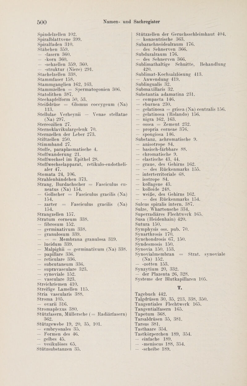 Spindelzellen 102. Spiralblattvene 399. Spiralfaden 310. Stäbchen 359. — -fasern 360. — -körn 360. — -sehzellen 359, 360. — -Struktur (Niere) 291. Stachelzellen 338. Stammfaser 158. Stammganglien 162, 163. Stammzellen = Spermatogonien 306. Statolithen 387. Stechapfelform 50, 53. Steißdrüse = Glomus coccygeum (Na) 113. Stellulae Yerheynii — Venae stellatae (Na) 297. Stereozilien 27. Sternoklavikulargelenk 70. Sternzellen der Leber 273. Stiftzellen 250. Stimmband 27. Stoffe, paraplasmatische 4. Stoffwanderung 21. Stoffwechsel im Epithel 28. Stoffwechselapparat, retikulo-endotheli- rtlpr 4-7 Stomata 24, 106. Strahlenbändchen 373. Strang, Burdachscher = Fasciculus cu- neatus (Na) 154. — Gollscher = Fasciculus gracilis (Na) 154. — zarter = Fasciculus gracilis (Na) 154. Strangzellen 157. Stratum corneum 338. — fibrosum 152. — germinativum 338. — granulosum 339. — — = Membrana granulosa 319. — lucidum 339. — Malpighii = germinativum (Na) 338. — papillare 336. — reticulare 336. — subcutaneum 336. — supravasculare 323. — synoviale 152. — vasculare 323. Streichriemen 410. Streifige Lamellen 115. Stria vascularis 388. Stroma 105. — ovarii 316. Stromaplexus 380. Stiitzfasern, Müllersche (= Radiärfasern) 362. Stützgewebe 19, 20, 35, 101. — embryonales 35. — Formen des 46. — gelbes 45. — vesikulöses 65. Stützsubstanzen 35. Stützzellen der Geruchsschleimhaut 404. — konzentrische 363. Subarachnoidealraum 176. des Sehnerven 366. Subduralraum 176. — des Sehnerven 366. Sublimathaltige Schnitte, Behandlung 420. Sublimat-Kochsalzlösung 413. — Anwendung 419. Sublingualis 32. Submaxillaris 32. Substantia adamatina 231. — compacta 146. — eburnea 230. — gelatinosa = grisea (Na) centralis 156. — gelatinosa (Rolando) 156. — nigra 162, 163. — ossea = Zement 232. — propria corneae 376. — spongiosa 146. Substanz, achromatische 9. — anisotrope 84. — basisch-färbbare 88. — chromatische 9. — elastische 43, 44. — graue, des Gehirns 162. — — des Rückenmarks 155. — interterritoriale 68. — isotrope 84. — kollagene 43. — kolloide 248. — weiße, des Gehirns 162. — — des Rückenmarks 154. Sulcus spiralis intern. 387. Sülze, Whartonsche 334. Superradiäres Flecht-werk 165. Susa (Heidenhain) 420. Sutura 150. Symphysis oss. pub. 70. Synarthrosis 170. Synchondrosis 67, 150. Syndesmosis 150. Synovia 150, 153. Synovialmembran = Strat. svnoviale (Na) 152. — -zotten 153. Synzytium 20, 332. — der Plazenta 26, 328. Systeme der Blutkapillaren 105. T. Tagebuch 442. Talgdrüsen 30, 35, 213, 338, 350. Tangentiales Flechtwerk 165. Tangentialfasern 165. Tapetum 368. Tarsaldrüsen 35, 381. Tarsus 381. Tasthaare 354. Tastkörperchen 189, 354. — einfache 189. — -meniscus 188, 354. — -scheibe 189.