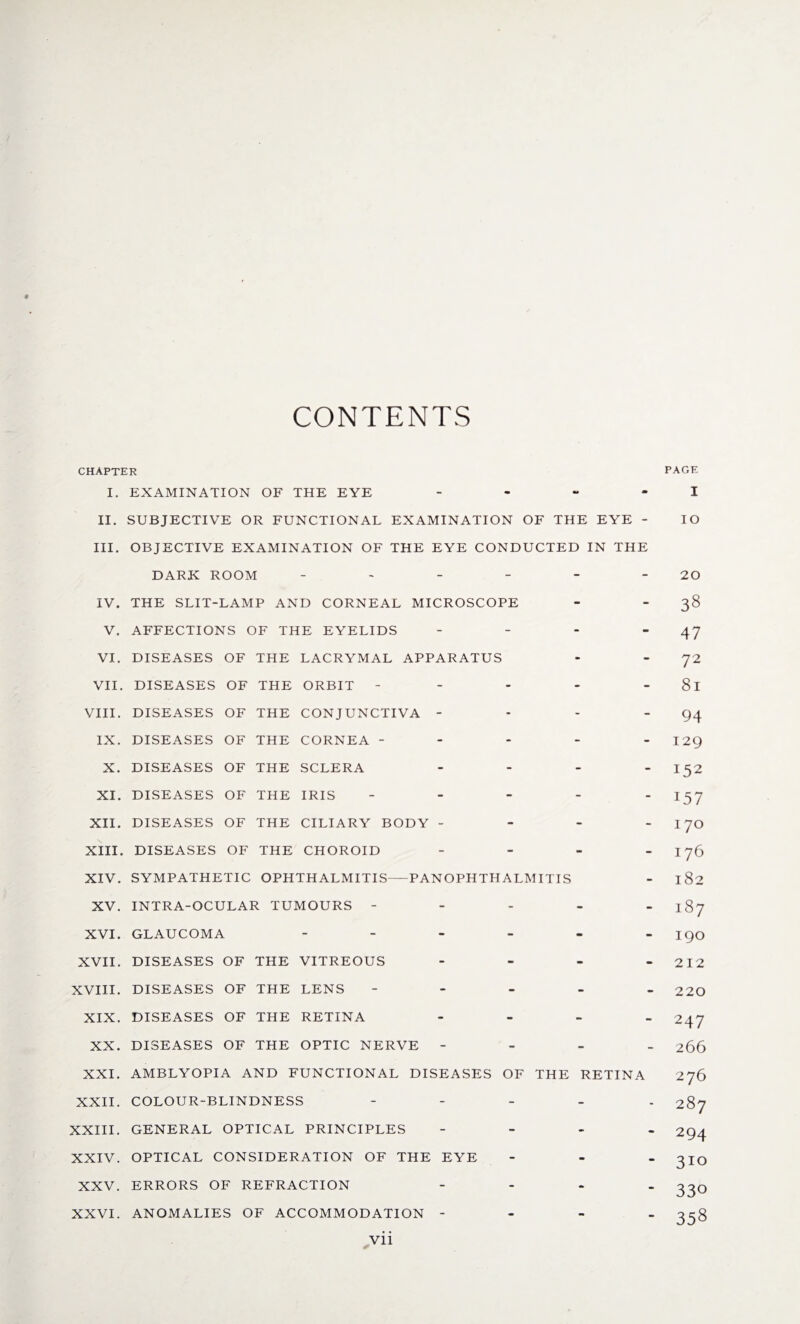 CONTENTS CHAPTER I. EXAMINATION OF THE EYE - II. SUBJECTIVE OR FUNCTIONAL EXAMINATION OF THE EYE - III. OBJECTIVE EXAMINATION OF THE EYE CONDUCTED IN THE DARK ROOM ------ IV. THE SLIT-LAMP AND CORNEAL MICROSCOPE V. AFFECTIONS OF THE EYELIDS - VI. DISEASES OF THE LACRYMAL APPARATUS VII. DISEASES OF THE ORBIT - VIII. DISEASES OF THE CONJUNCTIVA - IX. DISEASES OF THE CORNEA - X. DISEASES OF THE SCLERA - XI. DISEASES OF THE IRIS - XII. DISEASES OF THE CILIARY BODY - XIII. DISEASES OF THE CHOROID - XIV. SYMPATHETIC OPHTHALMITIS-PANOPHTHALMITIS XV. INTRA-OCULAR TUMOURS - XVI. GLAUCOMA ------ XVII. DISEASES OF THE VITREOUS - XVIII. DISEASES OF THE LENS - XIX. DISEASES OF THE RETINA - XX. DISEASES OF THE OPTIC NERVE - XXI. AMBLYOPIA AND FUNCTIONAL DISEASES OF THE RETINA XXII. COLOUR-BLINDNESS - XXIII. GENERAL OPTICAL PRINCIPLES ... XXIV. OPTICAL CONSIDERATION OF THE EYE XXV. ERRORS OF REFRACTION ... XXVI. ANOMALIES OF ACCOMMODATION - PAGE I IO 20 38 47 72 81 94 129 152 157 170 176 182 187 190 212 220 247 266 276 287 294 310 330 358