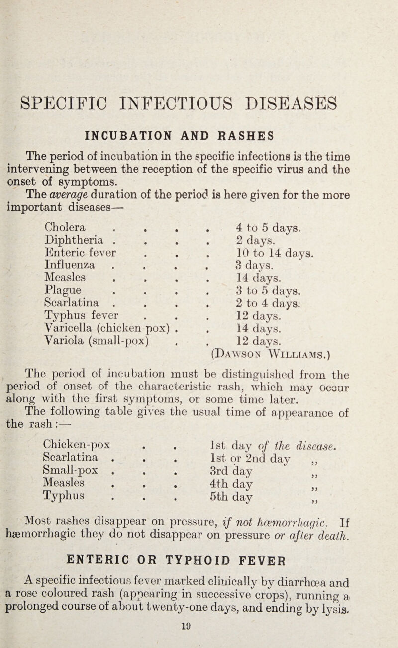 SPECIFIC INFECTIOUS DISEASES INCUBATION AND RASHES The period of incubation in the specific infections is the time intervening between the reception of the specific virus and the onset of symptoms. The average duration of the period is here given for the more important diseases— Cholera Diphtheria . Enteric fever Influenza Measles Plague Scarlatina . Typhus fever Varicella (chicken pox) Variola (small-pox) 4 to 5 days. 2 days. 10 to 14 days. 3 days. 14 days. 3 to 5 days. 2 to 4 days. 12 days. 14 days. 12 davs. (Dawson Williams.) The period of incubation must be distinguished from the period of onset of the characteristic rash, which may occur along with the first symptoms, or some time later. The following table gives the usual time of appearance of the rash:— Chicken-pox Scarlatina . Small-pox Measles Typhus 1st day of the disease. 1st or 2nd day ,, 3rd day ,, 4th day „ 5th day ,, Most rashes disappear on pressure, if not hcemorrkagic. If haemorrhagic they do not disappear on pressure or after death. ENTERIC OR TYPHOID FEVER A specific infectious fever marked clinically by diarrhoea and a rose coloured rash (appearing in successive crops), running a prolonged course of about twenty-one days, and ending by lysis.