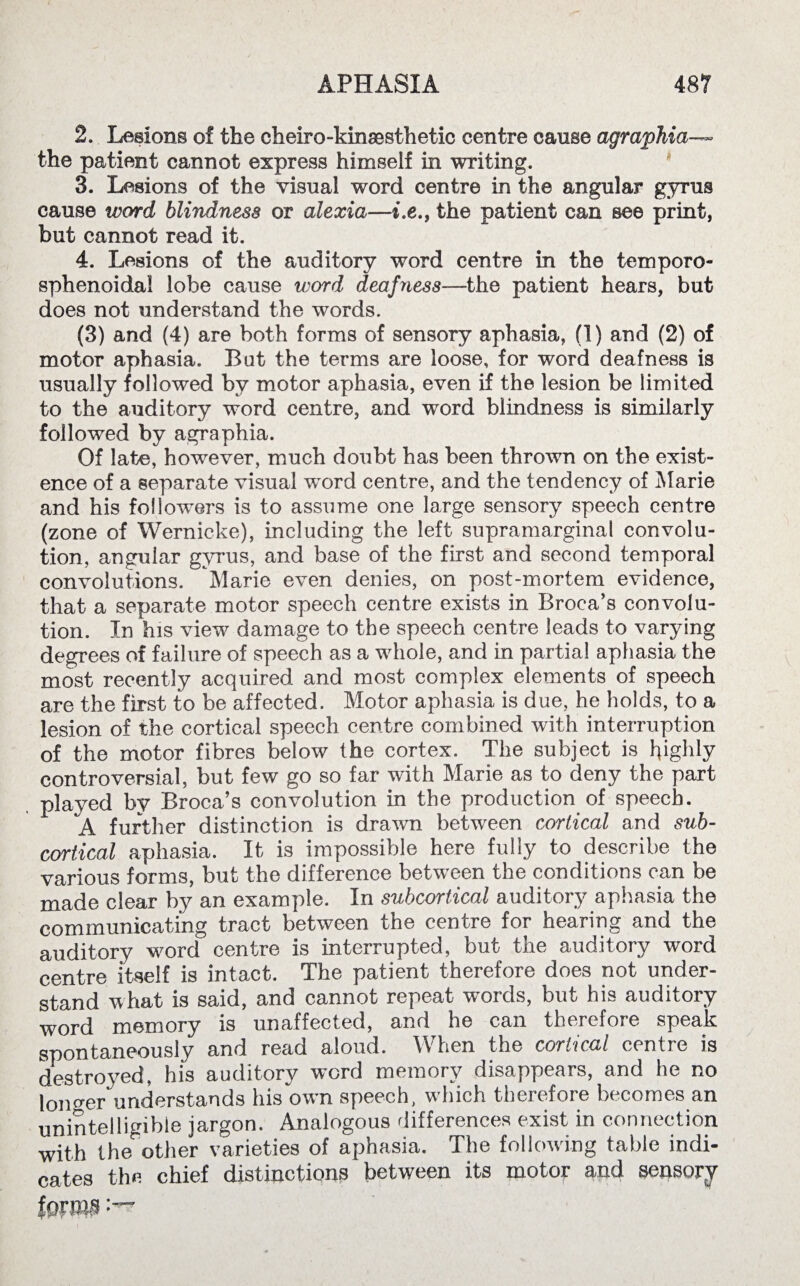2. Lesions of the cheiro-kinaesthetic centre cause agraphia— the patient cannot express himself in writing. 3. Lesions of the visual word centre in the angular gyrus cause word blindness or alexia—t.e., the patient can see print, but cannot read it. 4. Lesions of the auditory word centre in the temporo- sphenoidal lobe cause word deafness—the patient hears, but does not understand the words. (3) and (4) are both forms of sensory aphasia, (1) and (2) of motor aphasia. But the terms are loose, for word deafness is usually followed by motor aphasia, even if the lesion be limited to the auditory word centre, and word blindness is similarly followed by agraphia. Of late, however, much doubt has been thrown on the exist¬ ence of a separate visual word centre, and the tendency of Marie and his followers is to assume one large sensory speech centre (zone of Wernicke), including the left supramarginal convolu¬ tion, angular gyrus, and base of the first and second temporal convolutions. Marie even denies, on post-mortem evidence, that a separate motor speech centre exists in Broca’s convolu¬ tion. In his view damage to the speech centre leads to varying degrees of failure of speech as a whole, and in partial aphasia the most recently acquired and most complex elements of speech are the first to be affected. Motor aphasia is due, he holds, to a lesion of the cortical speech centre combined with interruption of the motor fibres below the cortex. The subject is highly controversial, but few go so far with Marie as to deny the part played by Broca’s convolution in the production of speech. A further distinction is drawn between cortical and sub¬ cortical aphasia. It is impossible here fully to describe the various forms, but the difference between the conditions can be made clear by an example. In subcortical auditory aphasia the communicating tract between the centre for hearing and the auditory word centre is interrupted, but the auditory word centre itself is intact. The patient therefore does not under¬ stand what is said, and cannot repeat words, but his auditory word memory is unaffected, and he can therefore speak spontaneously and read aloud. When the cortical centre is destroyed, his auditory word memory disappears, and he no longer understands his own speech, which therefore becomes an unintelligible jargon. Analogous differences exist in connection with the other varieties of aphasia. The following table indi¬ cates the chief distinctions between its motor and sensory