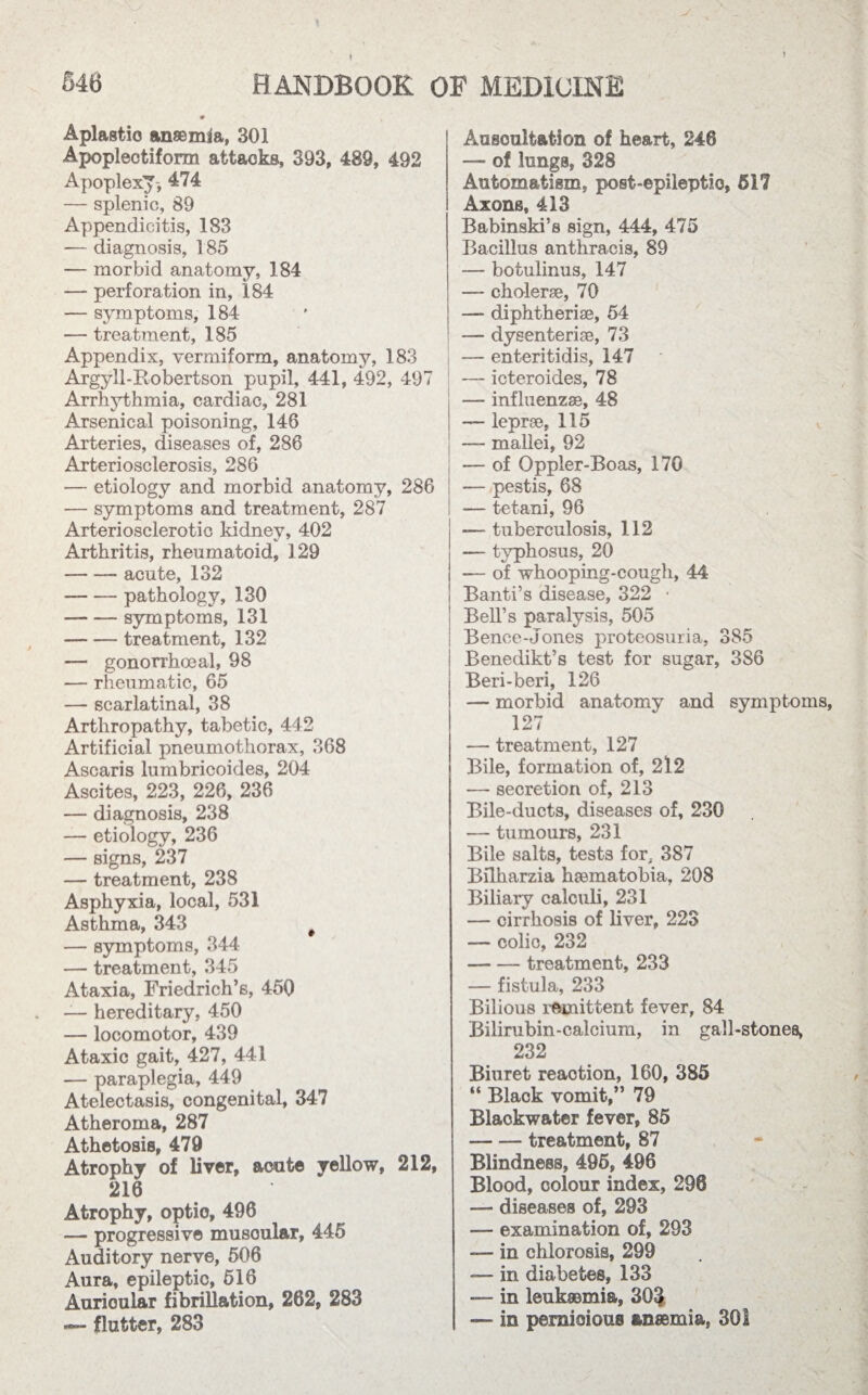 t 848 HANDBOOK OF MEDICINE Aplastio anaemia, 301 Apoplectiform attaoks, 393, 489, 492 Apoplexy-, 474 — splenic, 89 Appendicitis, 183 — diagnosis, 185 — morbid anatomy, 184 — perforation in, 184 — symptoms, 184 — treatment, 185 Appendix, vermiform, anatomy, 183 Argyll-Robertson pupil, 441, 492, 497 Arrhythmia, cardiac, 281 Arsenical poisoning, 146 Arteries, diseases of, 286 Arteriosclerosis, 286 — etiology and morbid anatomy, 286 — symptoms and treatment, 287 Arteriosclerotic kidney, 402 Arthritis, rheumatoid, 129 -- acute, 132 --pathology, 130 -symptoms, 131 -treatment, 132 — gonorrhoeal, 98 — rheumatic, 65 — scarlatinal, 38 Arthropathy, tabetic, 442 Artificial pneumothorax, 368 Ascaris lumbricoides, 204 Ascites, 223, 226, 236 — diagnosis, 238 — etiology, 236 — signs, 237 — treatment, 238 Asphyxia, local, 531 Asthma, 343 # — symptoms, 344 — treatment, 345 Ataxia, Friedrich’s, 450 — hereditary, 450 — locomotor, 439 Ataxic gait, 427, 441 — paraplegia, 449 Atelectasis, congenital, 347 Atheroma, 287 Athetosis, 479 Atrophy of liver, acute yellow, 212, 216 Atrophy, optic, 496 — progressive musoular, 445 Auditory nerve, 506 Aura, epileptic, 516 Auricular fibrillation, 262, 283 flutter, 283 Auscultation of heart, 246 — of lungs, 328 Automatism, post-epileptic, 517 Axons, 413 Rabinski’s sign, 444, 475 Bacillus anthracis, 89 — botulinus, 147 — cholerse, 70 — diphtherise, 54 —- dysenteriae, 73 — enteritidis, 147 — icteroides, 78 — influenzae, 48 — leprae, 115 — mallei, 92 — of Oppler-Boas, 170 — pestis, 68 — tetani, 96 — tuberculosis, 112 — typhosus, 20 — of whooping-cough, 44 Banti’s disease, 322 • Bell’s paralysis, 505 Bence-Jones proteosuria, 385 Benedikt’s test for sugar, 3S6 Beri-beri, 126 — morbid anatomy and symptoms, 127 — treatment, 127 Bile, formation of, 2l2 — secretion of, 213 Bile-ducts, diseases of, 230 — tumours, 231 Bile salts, tests for, 387 Bflharzia haematobia, 208 Biliary calculi, 231 — cirrhosis of liver, 223 — colic, 232 -treatment, 233 — fistula, 233 Bilious remittent fever, 84 Bilirubin-calcium, in gall-stones, 232 Biuret reaction, 160, 385 “ Blaok vomit,” 79 Blaokwater fever, 85 -treatment, 87 Blindness, 495, 496 Blood, colour index, 298 — diseases of, 293 —- examination of, 293 — in chlorosis, 299 — in diabetes, 133 — in leukaemia, 303 — in pernicious anaemia, 301