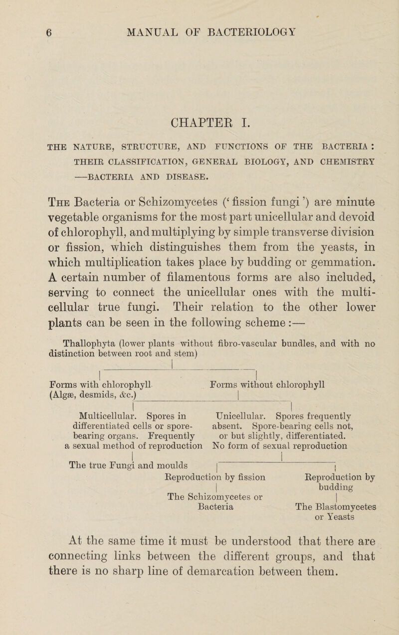 CHAPTER I. THE NATURE, STRUCTURE, AND FUNCTIONS OF THE BACTERIA : THEIR CLASSIFICATION, GENERAL BIOLOGY, AND CHEMISTRY -BACTERIA AND DISEASE. The Bacteria or Schizomycetes (‘ fission fungi ’) are minute vegetable organisms for the most part unicellular and devoid of chlorophyll, and multiplying by simple transverse division or fission, which distinguishes them from the yeasts, in which multiplication takes place by budding or gemmation. A certain number of filamentous forms are also included, serving to connect the unicellular ones with the multi¬ cellular true fungi. Their relation to the other lower plants can be seen in the following scheme:— Thallophyta (lower plants without fibro-vascular bundles, and with no distinction between root and stem) Forms with chlorophyll Forms without chlorophyll (Algae, desmids, Ac.) | Multicellular. Spores in Unicellular. Spores frequently differentiated cells or spore- absent. Spore-bearing cells not, bearing organs. Frequently or but slightly, differentiated, a sexual method of reproduction No form of sexual reproduction The true Fungi and moulds | i Reproduction by fission Reproduction by budding The Schizomycetes or Bacteria The Blastomycetes or Yeasts At the same time it must be understood that there are connecting links between the different groups, and that there is no sharp line of demarcation between them.