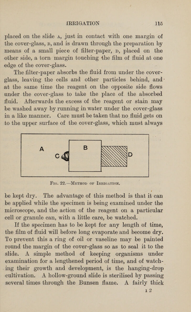 placed on the slide a, just in contact with one margin of the cover-glass, b, and is drawn through the preparation by means of a small piece of filter-paper, d, placed on the other side, a torn margin touching the film of fluid at one edge of the cover-glass. The filter-paper absorbs the fluid from under the cover- glass, leaving the cells and other particles behind, and* at the same time the reagent on the opposite side flows under the cover-glass to take the place of the absorbed fluid. Afterwards the excess of the reagent or stain may be washed away by running in water under the cover-glass in a like manner. Care must be taken that no fluid gets on to the upper surface of the cover-glass, which must always Fig. 22.—Method of Irrigation. be kept dry. The advantage of this method is that it can be applied while the specimen is being examined under the microscope, and the action of the reagent on a particular cell or granule can, with a little care, be watched. If the specimen has to be kept for any length of time, the film of fluid will before long evaporate and become dry. To prevent this a ring of oil or vaseline may be painted round the margin of the cover-glass so as to seal it to the slide. A simple method of keeping organisms under examination for a lengthened period of time, and of watch¬ ing their growth and development, is the hanging-drop cultivation. A hollow-ground slide is sterilised by passing several times through the Bunsen flame. A fairly thick