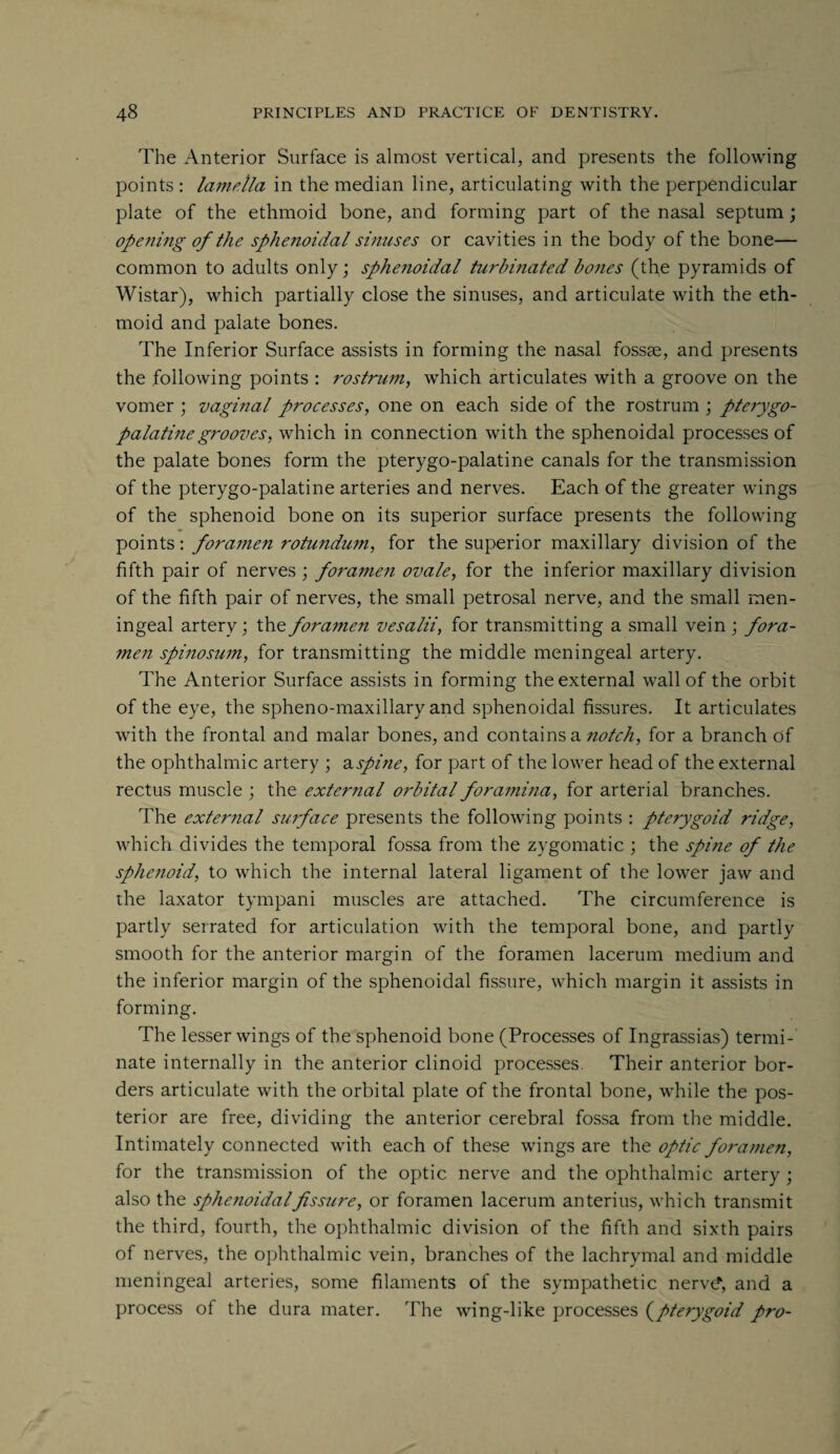 The Anterior Surface is almost vertical, and presents the following points : lamella in the median line, articulating with the perpendicular plate of the ethmoid bone, and forming part of the nasal septum; opening of the sphe?ioidal sinuses or cavities in the body of the bone— common to adults only; sphenoidal turbinated bones (the pyramids of Wistar), which partially close the sinuses, and articulate with the eth¬ moid and palate bones. The Inferior Surface assists in forming the nasal fossae, and presents the following points : rostrum, which articulates with a groove on the vomer ; vaginal processes, one on each side of the rostrum ; pterygo¬ palatine grooves, which in connection with the sphenoidal processes of the palate bones form the pterygo-palatine canals for the transmission of the pterygo-palatine arteries and nerves. Each of the greater wings of the sphenoid bone on its superior surface presents the following points: fo7'amen rotundum, for the superior maxillary division of the fifth pair of nerves ; foramen ovale, for the inferior maxillary division of the fifth pair of nerves, the small petrosal nerve, and the small men¬ ingeal artery; the fora??ien vesalii, for transmitting a small vein ; fora¬ men spinosum, for transmitting the middle meningeal artery. The Anterior Surface assists in forming the external wall of the orbit of the eye, the spheno-maxillary and sphenoidal fissures. It articulates with the frontal and malar bones, and contains a notch, for a branch of the ophthalmic artery ; a spine, for part of the lower head of the external rectus muscle ; the external o?'bital foramina, for arterial branches. The external surface presents the following points : pterygoid ridge, which divides the temporal fossa from the zygomatic ; the spine of the sphenoid, to which the internal lateral ligament of the lower jaw and the laxator tympani muscles are attached. The circumference is partly serrated for articulation with the temporal bone, and partly smooth for the anterior margin of the foramen lacerum medium and the inferior margin of the sphenoidal fissure, which margin it assists in forming. The lesser wings of the sphenoid bone (Processes of Ingrassias) termi¬ nate internally in the anterior clinoid processes. Their anterior bor¬ ders articulate with the orbital plate of the frontal bone, while the pos¬ terior are free, dividing the anterior cerebral fossa from the middle. Intimately connected with each of these wings are the optic foramen, for the transmission of the optic nerve and the ophthalmic artery ; also the sphenoidal fissure, or foramen lacerum anterius, which transmit the third, fourth, the ophthalmic division of the fifth and sixth pairs of nerves, the ophthalmic vein, branches of the lachrymal and middle meningeal arteries, some filaments of the sympathetic nerv^, and a process of the dura mater. The wing-like processes (pterygoid pro-