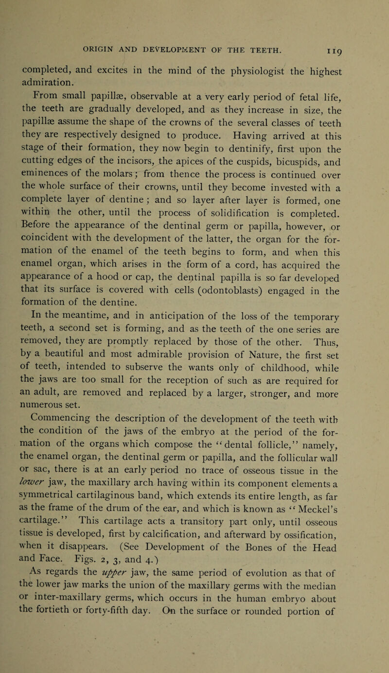 completed, and excites in the mind of the physiologist the highest admiration. From small papillae, observable at a very early period of fetal life, the teeth are gradually developed, and as they increase in size, the papillae assume the shape of the crowns of the several classes of teeth they are respectively designed to produce. Having arrived at this stage of their formation, they now begin to dentinify, first upon the cutting edges of the incisors, the apices of the cuspids, bicuspids, and eminences of the molars; from thence the process is continued over the whole surface of their crowns, until they become invested with a complete layer of dentine ; and so layer after layer is formed, one within the other, until the process of solidification is completed. Before the appearance of the dentinal germ or papilla, however, or coincident with the development of the latter, the organ for the for¬ mation of the enamel of the teeth begins to form, and when this enamel organ, which arises in the form of a cord, has acquired the appearance of a hood or cap, the dentinal papilla is so far developed that its surface is covered with cells (odontoblasts) engaged in the formation of the dentine. In the meantime, and in anticipation of the loss of the temporary teeth, a second set is forming, and as the teeth of the one series are removed, they are promptly replaced by those of the other. Thus, by a beautiful and most admirable provision of Nature, the first set of teeth, intended to subserve the wants only of childhood, while the jaws are too small for the reception of such as are required for an adult, are removed and replaced by a larger, stronger, and more numerous set. Commencing the description of the development of the teeth with the condition of the jaws of the embryo at the period of the for¬ mation of the organs which compose the “ dental follicle,” namely, the enamel organ, the dentinal germ or papilla, and the follicular wall or sac, there is at an early period no trace of osseous tissue in the lower jaw, the maxillary arch having within its component elements a symmetrical cartilaginous band, which extends its entire length, as far as the frame of the drum of the ear, and which is known as “ Meckel’s cartilage.” This cartilage acts a transitory part only, until osseous tissue is developed, first by calcification, and afterward by ossification, when it disappears. (See Development of the Bones of the Head and Face. Figs. 2, 3, and 4.) As regards the upper jaw, the same period of evolution as that of the lower jaw marks the union of the maxillary germs with the median or inter-maxillary germs, which occurs in the human embryo about the fortieth or forty-fifth day. On the surface or rounded portion of