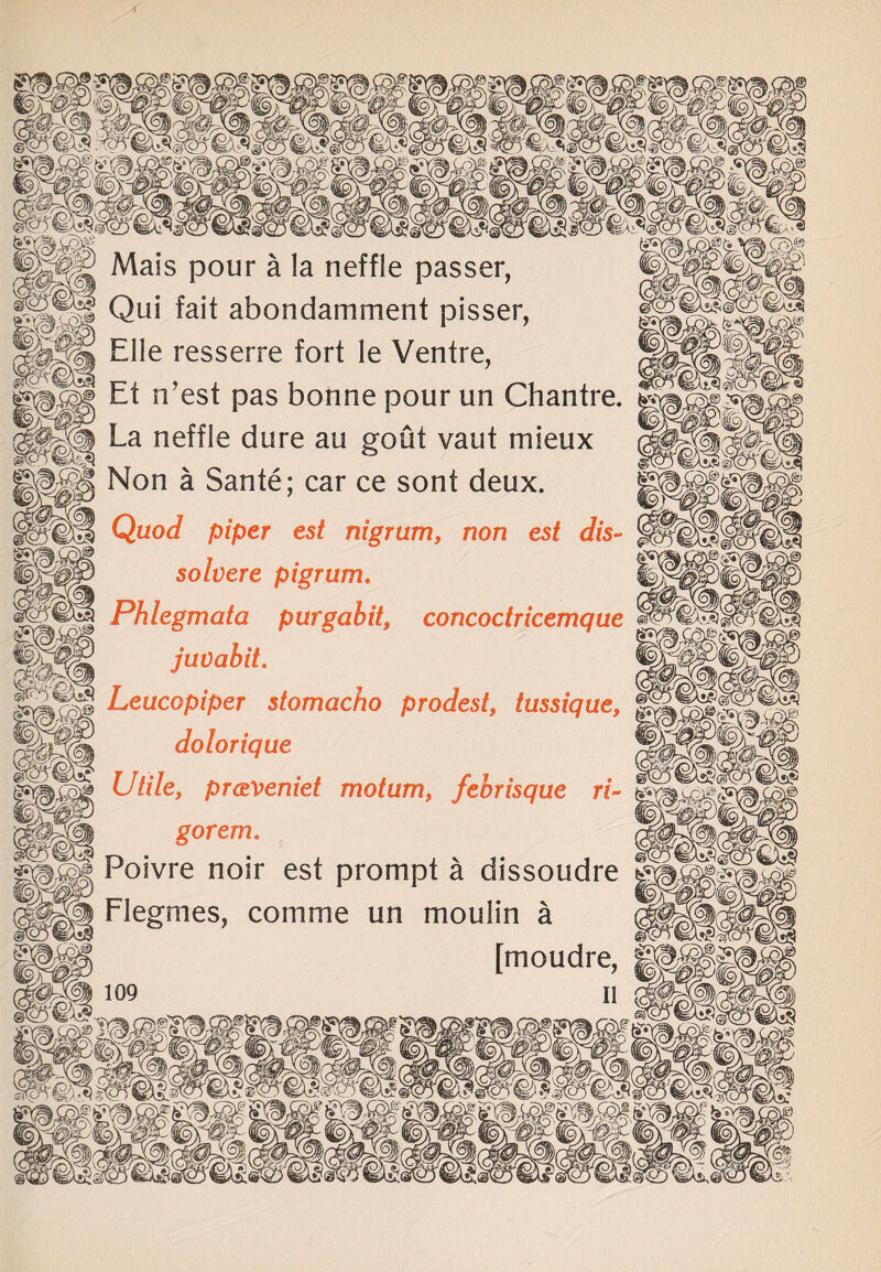 Mass pour a la neffle passer, Qui fait abondamment pisser, Elle resserre fort le Ventre, Et n’est pas bonne pour un Chantre. La neffle dure au gout vaut mieux Non a Sante; car ce sont deux. i® Quod piper est nigrum, non est dis¬ solves pigrum. Phlegmata purgabit, concoctricemque juvabit. Leucopiper stomacho prodest, tussique, Wm dolorique | Utile, prceveniet mo turn, febrisque ri¬ gor em. Poivre noir est prompt a dissoudre || Flegmes, coni me un moulin a fmoudre.