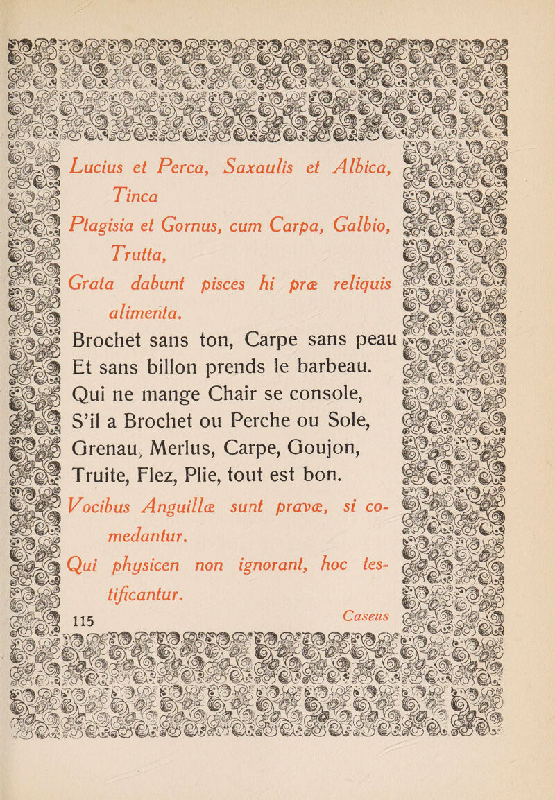 Lucius et Perea, Saxaulis et Albica, Tinea Ptagisia et Gornus, cum Carpa, Galbio, ® Trutta, ^ «ag_ llpSlI Grata dabunt pisces hi pm reliquis (2! alimenta. ©asi Brochet sans ton, Carpe sans peau fm©©! gH Et sans billon prends le barbeau. ggtfeplct fexS?) > g Qui ne mange Chair se console, -'/-J,rvXs& Sm*** S’il a Brochet on Perche on Sole, Grenau, Merlus, Carpe, Goujon, iggpe)^ I Truite, Flez, Plie, tout est bon. Vacibus Anguillce. sunt pravat, si co- €r £ medantur. Qui physicen non ignorant, hoc tes- tificantur.