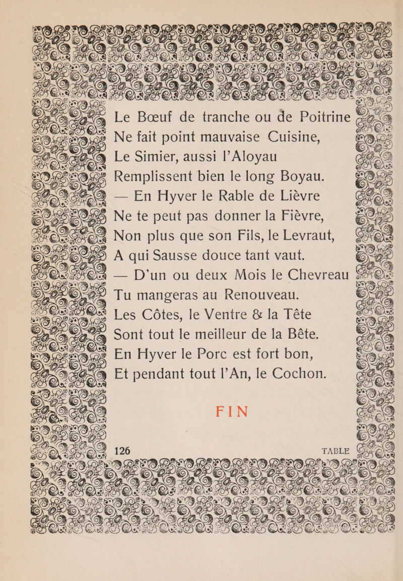 Le Boeuf de tranche ou de Poitrine oM% Ne fait point mauvaise Cuisine, Le Simier, aussi l’Aloyau Remplissent bien le long Boyau. — En Hyver le Rable de Lievre Ne te peut pas donner la Fievre, HH Non plus que son Fils, le Levraut, A qui Sausse douce tant vaut. — D’un ou deux Mois le Chevreau Tu mangeras au Renouveau. Les Cotes, le Ventre & la Tete Sont tout le meilleur de la Bete. En Hyver le Pore est fort bon, Et pendant tout l’An, le Cochon. FIN