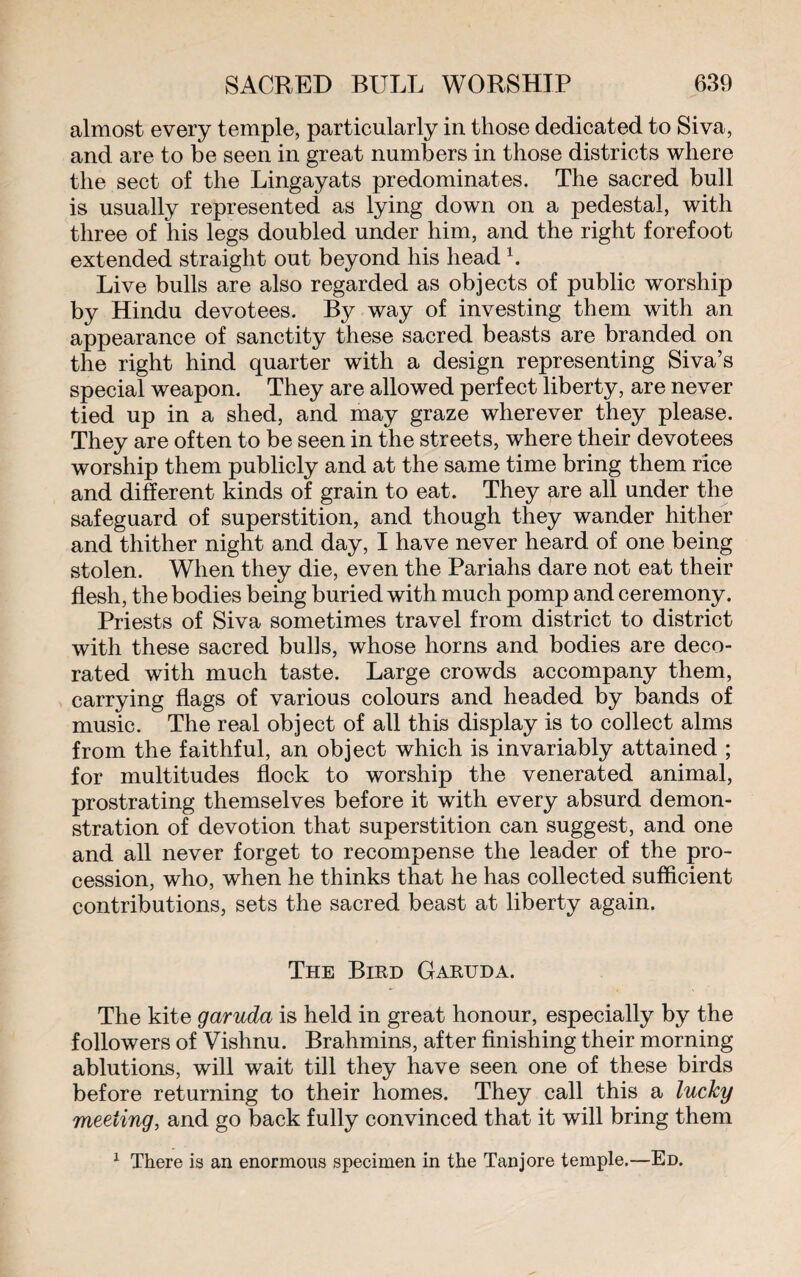 almost every temple, particularly in those dedicated to Siva, and are to be seen in great numbers in those districts where the sect of the Lingayats predominates. The sacred bull is usually represented as lying down on a pedestal, with three of his legs doubled under him, and the right forefoot extended straight out beyond his head1. Live bulls are also regarded as objects of public worship by Hindu devotees. By way of investing them with an appearance of sanctity these sacred beasts are branded on the right hind quarter with a design representing Siva’s special weapon. They are allowed perfect liberty, are never tied up in a shed, and may graze wherever they please. They are often to be seen in the streets, where their devotees worship them publicly and at the same time bring them rice and different kinds of grain to eat. They are all under the safeguard of superstition, and though they wander hither and thither night and day, I have never heard of one being stolen. When they die, even the Pariahs dare not eat their flesh, the bodies being buried with much pomp and ceremony. Priests of Siva sometimes travel from district to district with these sacred bulls, whose horns and bodies are deco¬ rated with much taste. Large crowds accompany them, carrying flags of various colours and headed by bands of music. The real object of all this display is to collect alms from the faithful, an object which is invariably attained ; for multitudes flock to worship the venerated animal, prostrating themselves before it with every absurd demon¬ stration of devotion that superstition can suggest, and one and all never forget to recompense the leader of the pro¬ cession, who, when he thinks that he has collected sufficient contributions, sets the sacred beast at liberty again. The Bird Garuda. The kite garuda is held in great honour, especially by the followers of Vishnu. Brahmins, after finishing their morning ablutions, will wait till they have seen one of these birds before returning to their homes. They call this a lucky meeting, and go back fully convinced that it will bring them 1 There is an enormous specimen in the Tanjore temple.—Ed.