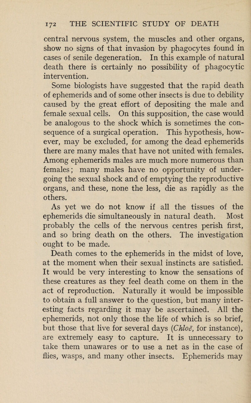 central nervous system, the muscles and other organs, show no signs of that invasion by phagocytes found in cases of senile degeneration. In this example of natural death there is certainly no possibility of phagocytic intervention. Some biologists have suggested that the rapid death of ephemerids and of some other insects is due to debility caused by the great effort of depositing the male and female sexual cells. On this supposition, the case would be analogous to the shock which is sometimes the con¬ sequence of a surgical operation. This hypothesis, how¬ ever, may be excluded, for among the dead ephemerids there are many males that have not united with females. Among ephemerids males are much more numerous than females; many males have no opportunity of under¬ going the sexual shock and of emptying the reproductive organs, and these, none the less, die as rapidly as the others. As yet we do not know if all the tissues of the ephemerids die simultaneously in natural death. Most probably the cells of the nervous centres perish first, and so bring death on the others. The investigation ought to be made. Death comes to the ephemerids in the midst of love, at the moment when their sexual instincts are satisfied. It would be very interesting to know the sensations of these creatures as they feel death come on them in the act of reproduction. Naturally it would be impossible to obtain a full answer to the question, but many inter¬ esting facts regarding it may be ascertained. All the ephemerids, not only those the life of which is so brief, but those that live for several days (Chloë, for instance), are extremely easy to capture. It is unnecessary to take them unawares or to use a net as in the case of flies, wasps, and many other insects. Ephemerids may