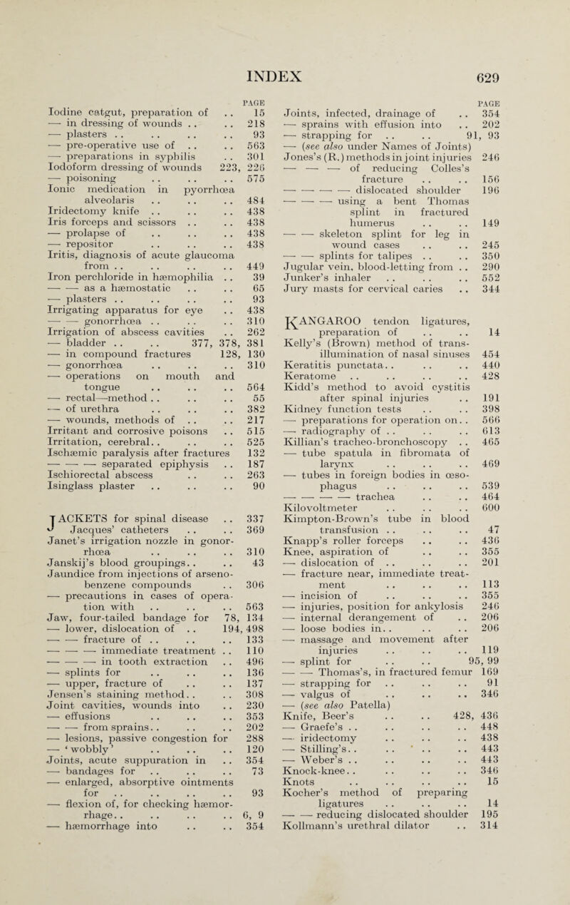 PAGE PAGE Iodine catgut, preparation of • • 15 Joints, infected, drainage of 354 — in dressing of wounds . . • • 218 ■— sprains with effusion into 202 — plasters . . • • 93 •— strapping for . . . . 91, 93 — pre-operative use of • , 563 — (see also under Names of Joints) —• preparations in syphilis . • 301 Jones’s (R.) methods in joint injuries 246 Iodoform dressing of wounds 223, 226 — — — of reducing Colies’s — poisoning • • 575 fracture 156 Ionic medication in pyorrhoea -dislocated shoulder 196 alveolaris • • 484 -using a bent Thomas Iridectomy knife . . 438 splint in fractured Iris forceps and scissors • , 438 humerus 149 — prolapse of • • 438 -skeleton splint for leg in — repositor • . 438 wound cases 245 Iritis, diagnosis of acute glaucoma -—- — splints for talipes . . 350 from . . • . 449 Jugular vein, blood-letting from . . 290 Iron perchloride in haemophilia • • 39 Junker’s inhaler 552 -as a haemostatic • • 65 Jury masts for cervical caries 344 — plasters . . • • 93 Irrigating apparatus for eye • , 438 -—• — gonorrhoea . . • • 310 J-^ANGAROO tendon ligatures, Irrigation of abscess cavities • . 262 preparation of 14 — bladder . . . . 377, 378, 381 Kelly’s (Brown) method of trans- — in compound fractures 128, 130 illumination of nasal sinuses 454 — gonorrhoea • • 310 Keratitis punctata. . 440 — operations on mouth and Keratome 428 tongue . . 564 Kidd’s method to avoid cystitis — rectal—method . . # # 55 after spinal injuries 191 — of urethra 382 Kidney function tests 398 — wounds, methods of • • 217 — preparations for operation on. . 566 Irritant and corrosive poisons • • 515 — radiography of . . 613 Irritation, cerebral. . • . 525 Killian’s tracheo-bronclioscopy . . 465 Ischaemic paralysis after fractures 132 — tube spatula in fibromata of •-separated epiphysis • • 187 larynx 469 Ischiorectal abscess 263 — tubes in foreign bodies in oeso- Isinglass plaster • # 90 phagus 539 -trachea 464 Kilovoltmeter 600 T ACKETS for spinal disease . . 337 Ivimpton-Brown’s tube in blood ^ Jacques’ catheters • v 369 transfusion . . 47 Janet’s irrigation nozzle in gonor- Knapp’s roller forceps 436 rhoea • • 310 Knee, aspiration of 355 Janskij’s blood groupings.. 43 — dislocation of . . 201 Jaundice from injections of arseno- — fracture near, immediate treat- benzene compounds • , 306 ment 113 — precautions in cases of opera- — incision of 355 tion with • • 563 -— injuries, position for ankylosis 246 Jaw, four-tailed bandage for 78, 134 — internal derangement of 206 — lower, dislocation of 194, 498 — loose bodies in. . 206 -fracture of . . # # 133 — massage and movement after -- — immediate treatment # # 110 injuries 119 --—-in tooth extraction . # 496 — splint for . . . . 95, 99 —• splints for 136 — -— Thomas’s, in fractured femur 169 — upper, fracture of • • 137 — strapping for 91 Jensen’s staining method. . . « 308 — valgus of 346 Joint cavities, wounds into # # 230 — (see also Patella) — effusions 353 Knife, Beer’s . . . . 428, 436 —■ — from sprains. . 202 — Graefe’s . . 448 —■ lesions, passive congestion for 288 — iridectomy 438 — ‘ wobbly ’ . . 120 — Stilling’s. . . . ' . . 443 Joints, acute suppuration in a . 354 — Weber’s. 443 — bandages for . a 73 Knock-knee. . 346 — enlarged, absorptive ointments Knots 15 for , , 93 Kocher’s method of preparing — flexion of, for checking hsemor- ligatures 14 rhage.. v . 6, 9 -reducing dislocated shoulder 195 — haemorrhage into • • 354 Kollmann’s urethral dilator 314