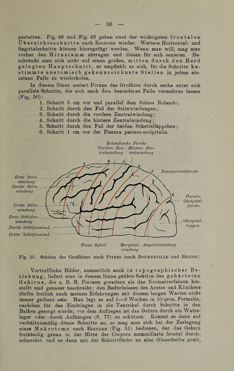 gestatten. Fig. 48 und Fig. 49 geben zwei der wichtigsten frontalen Übersichtssch nitte nach Edinger wieder. Weitere Horizontal- und Sagittalschnitte können hinzugefügt werden. Wenn man will, mag man vorher den Hirnstamm abtragen und diesen für sich sezieren. Be¬ schränkt man sich nicht auf einen großen, mitten durch den Herd gelegten Hauptschnitt, so empfiehlt es sich, für die Schnitte be¬ stimmte anatomisch gekennzeichnete Stellen in jedem ein¬ zelnen Falle zu wiederholen. In diesem Sinne seziert Pitres das Großhirn durch sechs unter sich parallele Schnitte, die sich nach dem besonderen Falle vermehren lassen (Fig. 50): 1. Schnitt 5 cm vor und parallel dem Sulcus Rolando; 2. Schnitt durch den Fuß der Stirnwindungen; 3. Schnitt durch die vordere Zentralwindung; 4. Schnitt durch die hintere Zentralwindung: 5. Schnitt durch den Fuß der beiden Scheitelläppchen; 6. Schnitt 1 cm vor der Fissura parieto-occipitalis. Rolandosche Furche Vordere Zen- i Hintere Zen¬ tralwindung \ tralwindung Fig. 50. Sektion des Großhirns nach Pitres (nach Bourneville und Bricon). Vortreffliche Bilder, namentlich auch in topographischer Be¬ ziehung, liefert eine in diesem Sinne geübte Sektion des gehärteten Gehirns, die z. B. B. Fischer geradezu als das Normalverfahren hin¬ stellt und genauer beschreibt; den Bedürfnissen des Arztes und Klinikers dürfte freilich nach meinen Erfahrungen mit diesem langen Warten nicht immer gedient sein. Man legt es auf 1—3 Wochen in 10-proz. Formalin, nachdem für das Eindringen in die Ventrikel durch Schnitte in den Balken gesorgt wurde; vor dem Aufliegen ist das Gehirn durch ein Watte¬ lager oder durch Aufhängen (S. 77) zu schützen. Kommt es dann auf verhältnismäßig dünne Schnitte an, so mag man sich bei der Zerlegung eines Makrotoms nach Edinger (Fig. 51) bedienen, der das Gehirn freibändig genau in der Mitte der Corpora mammillaria frontal durch¬ schneidet und es dann mit der Schnittfläche an eine Glasscheibe preßt,
