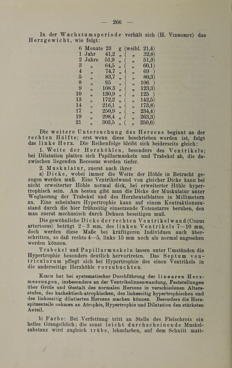 In der Wachstumsperiode verhält sich (H. Vierordt) das Herzg ewicht, wie folgt: 6 Monate 28 g (weibl. 21,4) 1 Jahr 41,2 „ ( „ 32,8) 2 Jahre 51,9 „ ( „ 51,3) 3 „ 64,5 „ ( „ 60,1) 4 „ 74,7 „ ( „ 69 ) 5 „ 83,7 „ ( „ 80,3) 8 „ 95 „ ( „ 106 ) 9 „ 108,3 „ ( „ 123,3) 10 „ 130,9 „ ( „ 125 ) 13 „ 172,2 „ ( „ 142,5) 14 „ 216,1 „ ( „ 173,8) 17 „ 250,9 „ ( „ 234,4) 19 „ 298,4 „ ( „ 263,3) 21 „ 303,5 „ ( „ 250,6) Die weitere Untersuchung des Herzens beginnt an der rechten Hälfte; erst wenn diese beschrieben worden ist, folgt das linke Herz. Die Reihenfolge bleibt sich beiderseits gleich: 1. Weite der Herzhöhlen, besonders des Ventrikels; bei Dilatation platten sich Papillarmuskeln und Trabekel ab, die da¬ zwischen liegenden Recessus werden tiefer. 2. Muskulatur, zuerst nach ihrer a) Dicke, wobei immer die Weite der Höhle in Betracht ge¬ zogen werden muß. Eine Ventrikelwand von gleicher Dicke kann bei nicht erweiterter Höhle normal dick, bei erweiterter Höhle hyper¬ trophisch sein. Am besten gibt man die Dicke der Muskulatur unter Weglassung der Trabekel und des Herzbeutelblattes in Millimetern an. Eine scheinbare Hypertrophie kann auf einem Kontraktionszu¬ stand durch die hier frühzeitig einsetzende Totenstarre beruhen, den man zuerst mechanisch durch Dehnen beseitigen muß. Die gewöhnliche Dicke der rechten Ventrikelwand (Conus arteriosus) beträgt 2-3 mm, des linken Ventrikels 7—10 mm, doch werden diese Maße bei kräftigeren Individuen auch über¬ schritten, so daß rechts 4—5, links 15 mm noch als normal angesehen werden können. Trab ekel und Papillarmuskeln lassen unter Umständen die Hypertrophie besonders deutlich hervortreten. Das Septum ven- triculorum pflegt sich bei Hypertrophie des einen Ventrikels in die anderseitige Herzhöhle vorzubuchten. Kirch hat bei systematischer Durchführung der linearen Herz¬ messungen, insbesondere an der Ventrikelinnenwandung, Feststellungen über Größe und Gestalt des normalen Herzens in verschiedenen Alters¬ stufen, des kachektisch- atrophischen, des linksseitig hypertrophischen und des linksseitig dilatierten Herzens machen können. Besonders die Herz¬ spitzenteile nehmen an Atrophie, Hypertrophie und Dilatation den stärksten Anteil. b) Farbe: Bei Verfettung tritt an Stelle des Fleischrots ein helles Graugelblich; die sonst leicht durchscheinende Muskel¬ substanz wird zugleich trübe, lehmfarben, auf dem Schnitt matt-