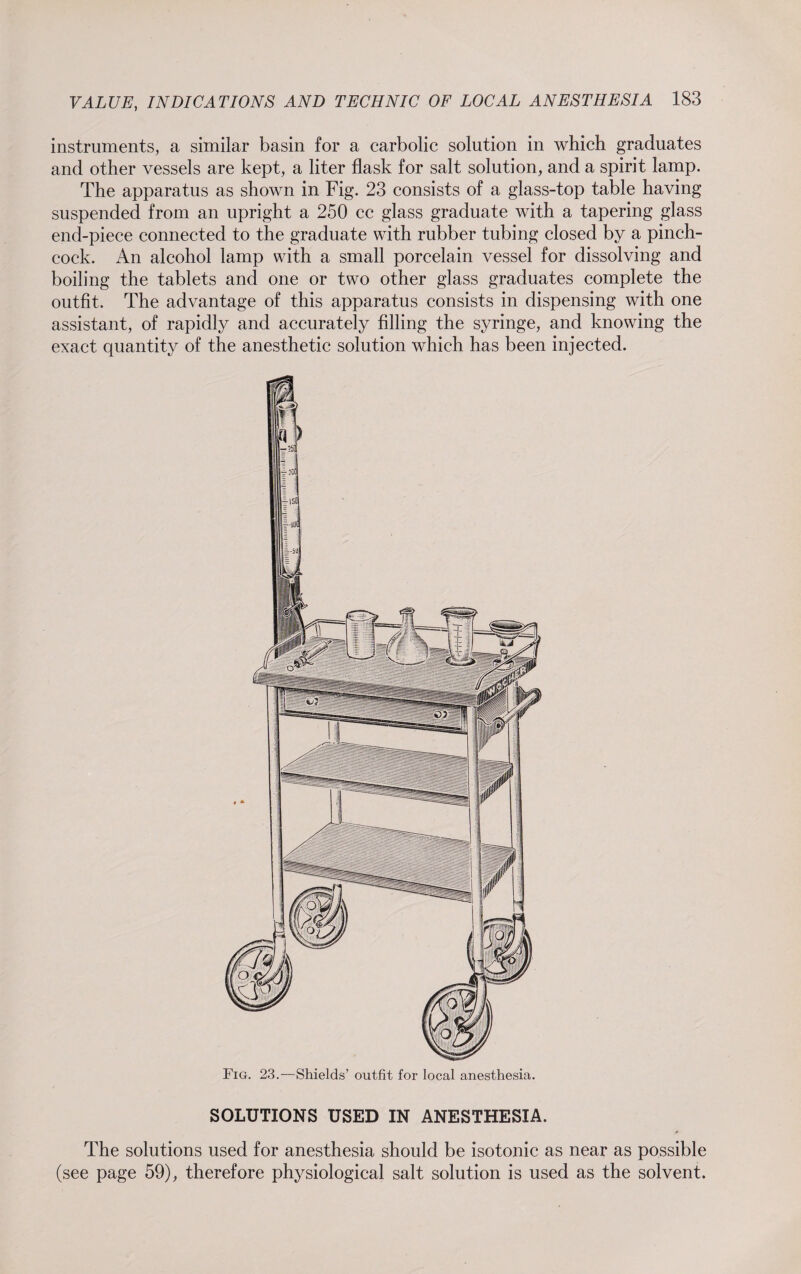 instruments, a similar basin for a carbolic solution in which graduates and other vessels are kept, a liter flask for salt solution, and a spirit lamp. The apparatus as shown in Fig. 23 consists of a glass-top table having suspended from an upright a 250 cc glass graduate with a tapering glass end-piece connected to the graduate with rubber tubing closed by a pinch- cock. An alcohol lamp with a small porcelain vessel for dissolving and boiling the tablets and one or two other glass graduates complete the outfit. The advantage of this apparatus consists in dispensing with one assistant, of rapidly and accurately filling the syringe, and knowing the exact quantity of the anesthetic solution which has been injected. SOLUTIONS USED IN ANESTHESIA. The solutions used for anesthesia should be isotonic as near as possible (see page 59), therefore physiological salt solution is used as the solvent.