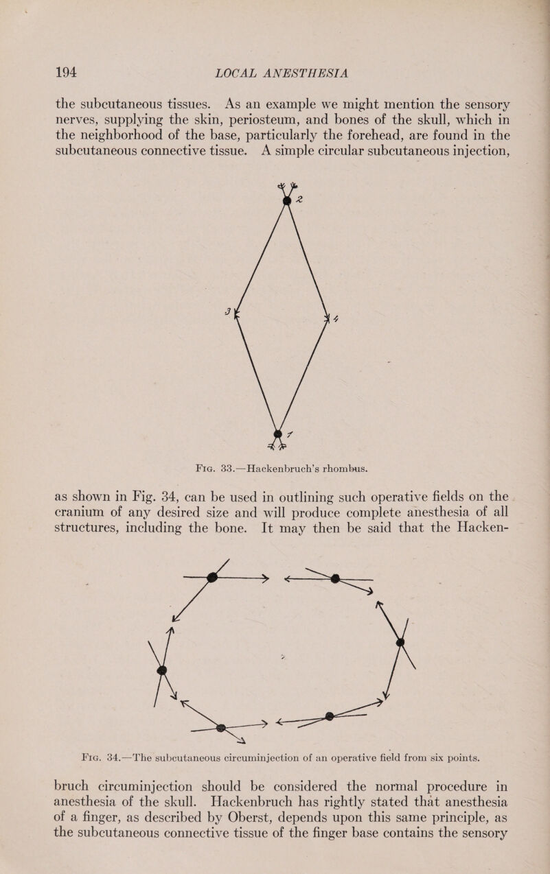 the subcutaneous tissues. As an example we might mention the sensory nerves, supplying the skin, periosteum, and bones of the skull, which in the neighborhood of the base, particularly the forehead, are found in the subcutaneous connective tissue. A simple circular subcutaneous injection, as shown in Fig. 34, can be used in outlining such operative fields on the cranium of any desired size and will produce complete anesthesia of all structures, including the bone. It may then be said that the Hacken¬ bruch circuminjection should be considered the normal procedure in anesthesia of the skull. Hackenbrueh has rightly stated that anesthesia of a finger, as described by Oberst, depends upon this same principle, as the subcutaneous connective tissue of the finger base contains the sensory