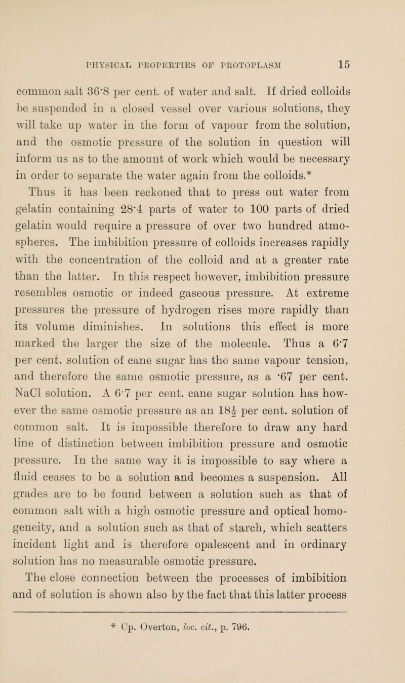 common salt BG'8 per cent, of water and salt. If dried colloids be suspended in a closed vessel over various solutions, they will take up water in the form of vapour from the solution, and the osmotic pressure of the solution in question will inform us as to the amount of work which would be necessary in order to separate the water again from the colloids.* Thus it has been reckoned that to press out water from gelatin containing 28’4 parts of water to 100 parts of dried gelatin would require a pressure of over two hundred atmo¬ spheres. The imbibition pressure of colloids increases rapidly with the concentration of the colloid and at a greater rate than the latter. In this respect however, imbibition pressure resembles osmotic or indeed gaseous pressure. At extreme pressures the pressure of hydrogen rises more rapidly than its volume diminishes. In solutions this effect is more marked the larger the size of the molecule. Thus a 6*7 per cent, solution of cane sugar has the same vapour tension, and therefore the same osmotic pressure, as a *67 per cent. NaCl solution. A 6-7 per cent, cane sugar solution has how¬ ever the same osmotic pressure as an 18J per cent, solution of common salt. It is impossible therefore to draw any hard line of distinction between imbibition pressure and osmotic pressure. In the same way it is impossible to say where a fluid ceases to be a solution and becomes a suspension. All grades are to be found between a solution such as that of common salt with a high osmotic pressure and optical homo¬ geneity, and a solution such as that of starch, which scatters incident light and is therefore opalescent and in ordinary solution has no measurable osmotic pressure. The close connection between the processes of imbibition and of solution is shown also by the fact that this latter process * Cp. Overton, loc. cit., p. 796.