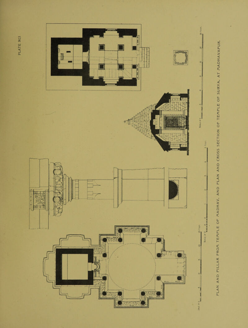 PLAN AND PILLAR FRO/A TE/APLE OF /AADHAV, AND PLAN AND CROSS SECTION OF TE/APLE OF SURYA, AT /AADHAVAPUR.