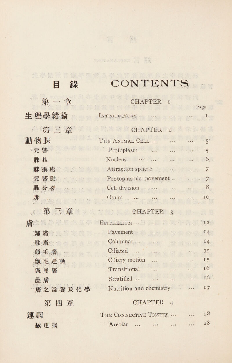目錄 CONTENTS 第一章 CHAPTER 1 . ' .j »• .、• .‘ Page 生理學緖論- . Introductory. ... » * - -i 1 1 ■ * L  ... 1 :第二章 CHAPTER 2 動物脒 The Animal Cell -*• ••• … 5 、元聾 Protoplasm ... ... … 5 脒核 Nucleus … … ... ... 6 :脒攝處 Attraction sphere … … 7 元警動 ， Protoplasmic movement  … 7 脒分裂：… Cell division … … … 8 .• > 卵， Ovum ... ... ... -- ,:1 . 1 -* ；. ♦■- ... 10 X、第三章. - CHAPTER 3 層 EpiTHEIvIUM ... ... ... ... 12 :鋪膚： Pavement. … •- ... 14 t柱膚V f Columnar... .‘； ... ... 14 ，扉毛專: C^iliated •“ j,.“ …，15 顫毛運動 Ciliary motion ... … …]5 過度膚 Transitional ... ... ...i6 疊膚 Stratified ... .“ ... ...16 1膚之滋養及化學 Nutrition and chemistry • 17 第四章 CHAPTER 4 連胴 The Connective Tissues ... ...18 絨連胴 Areolar ... … .“ ...18