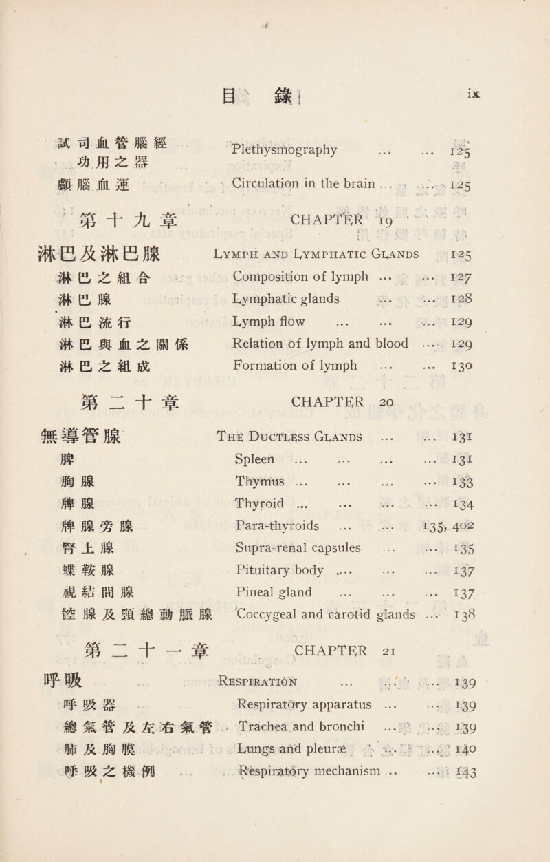 試司血管腦經 :功用之器 Plethysmography ... … ！25 * !:，- 顱腦血運’ •、- =S 、Circulation in the brain ...-... ■ ■ 'j 125 -、J/，'-,' P第十九章 ~ •' - 1 0 l K . • 、 CHAPTlER 19 - - ....^ :•: ••• •- 1 ’Ml •\ '.kj ■* ■ .V ’： 淋巴及淋巴腺 • . - :.  i v. Lymph and Lymphatic Glands ’• i ■' :'125 淋巴之組合 Composition of lymph .“ ...12/ 淋巴腺 Lymphatic glands • … 128 ' 、•、:， 厶 淋巴流行 Lymph flow ... ... ...129 淋巴與血之關係 Relation of lymph and blood … 129 淋巴之組成 Formation of lymph •“ ...130 第_ i章 、一 \ a , CHAPTER 20 無導管腺 The： Ductless Glands ... … 131 脾 Spleen ... ... ... … I31 胸腺 Thymus … ... ... …133 牌腺 Thyroid ... ... ... …工34 牌腺旁腺 Para-thyroids ... ... 135, 402 腎上腺 Supra-renal capsules ... …135 蝶鞍腺 Pituitary body .... … … 137 視結間腺 Pineal gland … … … 137 控腺及頸總動脈腺 Coccygeal and carotid glands …138 第_十一章 * • r1 、• CHAPTER 21 ! 1 >' 呼吸 V Respiration ... . … 139 呼吸器… Respiratory apparatus ... ■ * • T39 總氣管及左右氣管」Trachea and bronchi ； •r r39 肺及胸膜 n ；;Ltmgs and pleurae :' \: :….b::;晰 呼吸之機例 … Respiratory mechanism .. …;!43