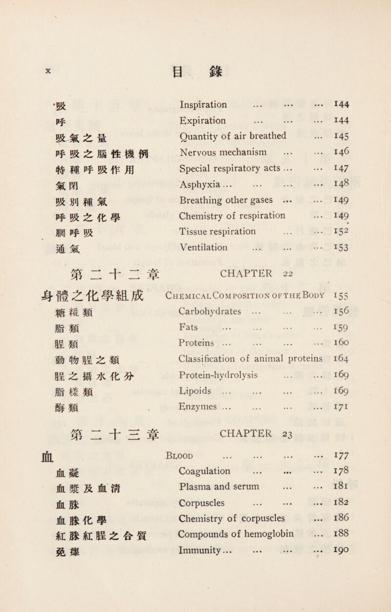 、 •吸 Inspiration ... … … 144 呼 Expiration ... … … 144 SSu氣之量 Quantity of air breathed ... 145 呼吸之腦性機例 Nervous mechanism … … 146 特種呼吸作用 Special respiratory acts ... … 147 氣閉 Asphyxia... … … … 148 吸別種氣 Breathing other gases . 149 呼吸之化學 Chemistry of respiration … 149 t 胴呼吸 Tissue respiration … … i52 通氣 Ventilation ... … … 153 第二十二章 CHAPTER 22 身體之化學組成 Chemicai, Composition of the Body 155 糖糢類 Carbohydrates … ... … 156 脂類 F' ats •“ ••• • • • • 159 睚類 Proteins … … ... … 160 動物腊之類 Classification of animal proteins 164 月呈之攝水化分 Protein-hydrolysis … ... 169 脂樣類 Lipoids … … … .... 169 酶類 Enzymes … … … ... 171 第 十-章 CHAPTER 23 血 Blood ... … … … 177 血凝 Coagulation ... … ... 178 血漿及血淸 Plasma and serum ... … 181 血脒 Corpuscles … … … 182 血脒化學 Chemistry of corpuscles ... 186 紅脒紅91之合質 Compounds of hemoglobin … 188 免癦 Immunity... … … … 190