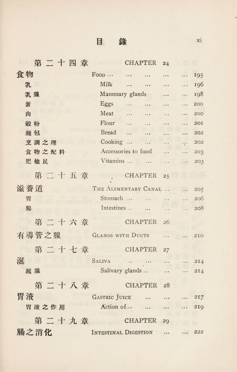 因 錄 第二十四 早 CHAPTER 24 食物 Food … ... ... • • • … 195 乳 Milk ... ... »• • ...196 乳腺 Mammary glands • • • ...198 蛋 Eggs . ... 200 肉 Meat ... ... • • o ... 200 穀粉 Flour ... ... • • • ... 201 麵包 Bread ... ... « e参 … 202 烹調之理 Cooking … … ... 202 食物之配料 Accessories to food o • O … 203 肥他民 Vitamins ... ... … 203 第二十五章 CHAPTER 25 滋養道 The AivIme：ntary Canai, ... 205 胃 Stomach ... ... • • • ... 206 腸 Intestines.. ... ... 208 第二十六 早 CHAPTER 26 有導管之腺 Glands with Ducts ■ • • ... 210 第二十七 早 CHAPTER 27 涎 Saliva .. ... ••- … 214 涎腺 Salivary glands... ... 214 第二十八章 CHAPTER 28 胃液 Gastric Juice： ... 零《 • ... 217 胃液之作用 Action of... ... • • • ... 219 第二十九章 CHAPTER 29 腸之消化 Intestinal Digestion • • • ... 222