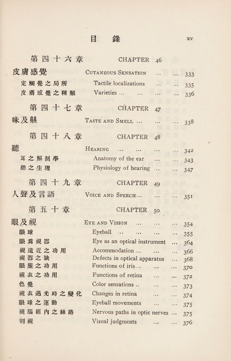 第四十六章 CHAPTER 46 皮膚感覺 Cutaneous Sensation . 333 定觸覺之局所 Tactile localizations … … 335 皮膚感覺之種類 Varieties ... ... ... ... 336 第四十七章 CHAPTER 47 味及齅 Taste and Smei^Iv. 338 第四十八章 CHAPTER 48 聽 ^ARIN G ... ••• ... 342 耳之解剖學 Anatomy of the ear ... … 343 聽之生理 Physiology of hearing' ... ... 347 第四十九章 CHAPTER 49 人聲及言語 Voice： and Speech.. 351 第五十章 CHAPTER 50 眼及視 Eye and Vision ... ... ... 354 眼球 Eyeball ... ... ... ... 355 眼爲視器 Eye as an optical instrument ... 364 視遠近之功用 Accommodation ... ... ... 366 視器之缺 Defects in optical apparatus ... 368 眼簾之功用 Functions of iris... ... ... 370 視衣之功用 Functions of retina ... ... 372 色覺 Color sensations .* ... ... 373 視衣遇光時之變化 Changes in retina ... ... 374 眼球之運動 Eyeball movements … ... 375 視腦經內之絲路 Nervous paths in optic nerves ... 375 判視 Visual judgments ... ... 3%