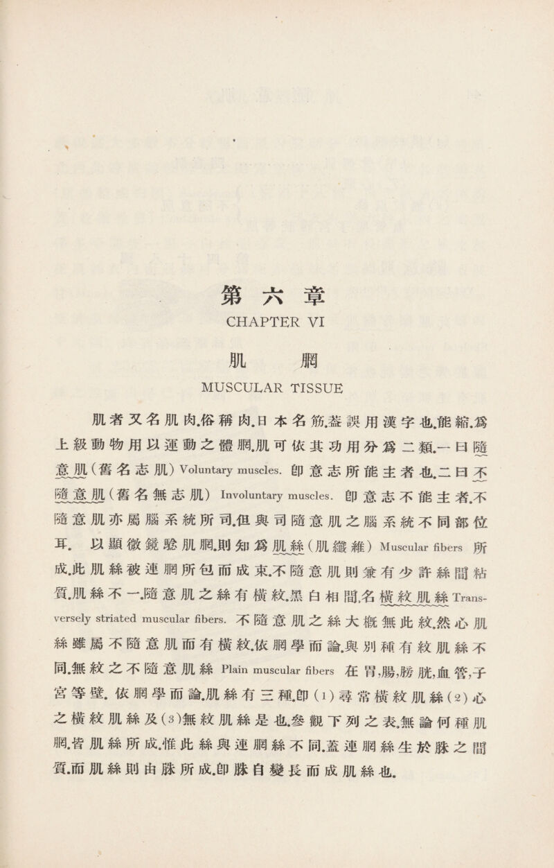第六章 CHAPTER VI 肌 膶 MUSCULAR TISSUE 肌者又名肌肉•俗稱肉•日本名筋a签誤用漢字也.能縮.爲 上級動物用以運動之體胴9肌可依其功用分爲二類.一曰隨 星(舊名志肌）Voluntary muscles.卽意志所能主者也•二曰不 嗅霉屬(舊名無志肌）Involuntary muscles. 卽意志不能主者•不 隨意肌亦屬腦系統所司•伹與司隨意肌之腦系統不同部位 耳.以顯微鏡騐肌胴•則知爲肌絲（肌纖雜）Muscular fibers所 成•此肌絲被連胴所包而成束•不隨意肌則兼有少許絲間粘 質•肌絲不一•隨意肌之絲有橫紋,黑白相間名橫紋肌絲Trans- versely striated muscular fibers.不隨意肌之絲大槪無此紋，然心肌 絲雖屬不隨意肌而有橫紋•依胴學而論.與別種有紋肌絲不 同•無紋之不隨意肌絲Plain muscular fibers在胃，腸，勝胱，血管，子 宮等壁•依胴學而論•肌絲有三種.卽（1)尋常橫紋肌絲（2)心 之橫紋肌絲及（3)無紋肌絲是也4參觀下列之表9無論何種肌 網•皆肌絲所成•惟此絲與連胴絲不同•蓋連胴絲生於脒之間 質•而肌絲則由脒所成.卽脒自變長而成肌絲也.