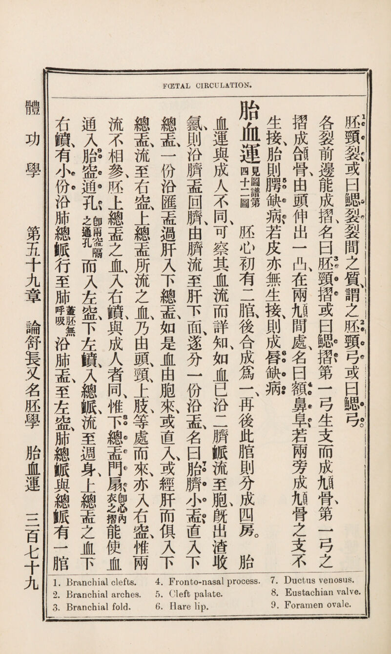 2. Branchial arches. 5. Cleft; palate. 8. Eustachian valve. 3. Branchial fold. 6. Hare lip. 9. Foramen ovale. FCETAL CIRCULATION. 胚頸裂或曰緦裂裂間之質謂之胚頸弓或曰腮弓 、 3 ◎❿e@睿、 、 各裂前邊能成摺名曰胚頸摺或曰腿摺第一弓生支而成邶骨第一弓之 摺成颌#,甶頭伸出一凸、在兩■間處、名曰gl:#?若兩旁成邶骨之支不 、5ce€)、 \ 6 0 0 00 生接胎則勝缺蒴若皮亦無生接則成唇缺蒴 見圖譜第 胎血Ui+Iil胚心初有二脂後合成爲一再後此脂則分成四M A卩 \ 盗運與成人不同可察其直流而詳知如JL已沿二臍脈流至胞旣出渣收 一|則沿臍盖回既由臍流至肝下面、遂分一份沿Hi名日S勝士最直入下 總Ml 一份沿匯盖過肝入下總盖、如是直由胞來或直人或經肝而俱入下 總Hi流至右盛、上總盂所流之I乃甶風頸(上I等處而來亦入右f|惟兩 流不相象胚上總盖之底人右亂與成人者同、惟一憂izlfIIg能使盧 s e @ 、 、 、 、 通入胎盛通孔il?LL而入左盜下左績入總脈流至週身上總盍之盧下 右續、有水伽沿肺總哌行至肺||*沿肺1至左盛、肺總脈與總脈有一脂 體功學 第五十九章論舒長又名胚學胎直運三百七十九