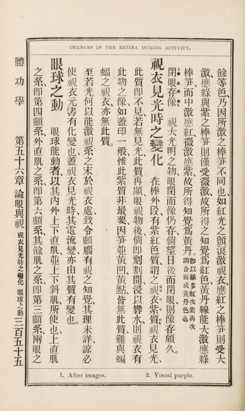 After images. 2. Visual purple. 餘等色、乃因所激之棒夢不同l如紅光之顫痕激視衣、應紅之棒梦則受大 激、應綠與紫之棒笋則僅受微齔故所得之知覺爲紅色黃丹線能大激應綠 旧氧而中激應紅、微激應紫、故所得知覺爲黃死_|IIISS次 靦衣見光時之變化在棒外段、有紫紅色鼠謂之視衣見尤 此質卽不見若無見光、此質再鼠眼視物後、倘卽刻割齓浸以礬I則視衣有 此物之t如蓋印一般、惟此紫質非最要、因梦並黃虬黃亂皆無此鼠難與賴 蝠之覦充亦無此質。 ' 至若光何以能激視系之末於視衣1致令顱腦有視之知览其理未亂諒必 使視衣元_有化變I蓋視衣見光0#,其電流篆亦由其質有變也 眼球之動眼球能動者、以其內外上下直肌I'上下斜肌、所使I上直肌 之氣卽第四顱系、外直肌之乱卽第六顱系、其餘肌之篆卽第三顱系、兩眼之 體功學 第五十六章論眼與視視衣見光時之變化眼球之動三百五十五
