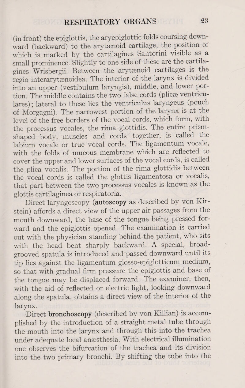 (in front) the epiglottis, the aryepiglottic folds coursing down¬ ward (backward) to the arytaenoid cartilage, the position of which is marked by the cartilagines Santorini visible as a small prominence. Slightly to one side of these are the cartila¬ gines Wrisbergii. Between the arytaenoid cartilages is the regio interarytaenoidea. The interior of the larynx is divided into an upper (vestibulum laryngis), middle, and lower por¬ tion. The middle contains the two false cords (plicae ventricu- lares); lateral to these lies the ventriculus laryngeus (pouch of Morgagni). The narrowest portion of the larynx is at the level of the free borders of the vocal cords, which form, with the processus vocales, the rima glottidis. The entire prism- shaped body, muscles and cords together, is called the labium vocale or true vocal cords. The ligamentum vocale, with the folds of mucous membrane which are reflected to cover the upper and lower surfaces of the vocal cords, is called the plica vocalis. The portion of the rima glottidis between the vocal cords is called the glottis ligamentosa or vocalis, that part between the two processus vocales is known as the glottis cartilaginea or respiratoria. Direct laryngoscopy (autoscopy as described by von Kir- stein) affords a direct view of the upper air passages from the mouth downward, the base of the tongue being pressed for¬ ward and the epiglottis opened. The examination is carried out with the physician standing behind the patient, who sits with the head bent sharply backward. A special, broad- grooved spatula is introduced and passed downward until its tip lies against the ligamentum glosso-epiglotticum medium, so that with gradual firm pressure the epiglottis and base of the tongue may be displaced forward. The examiner, then, with the aid of reflected or electric light, looking downward along the spatula, obtains a direct view of the interior of the larynx. Direct bronchoscopy (described by von Killian) is accom¬ plished by the introduction of a straight metal tube through the mouth into the larynx and through this into the trachea under adequate local anaesthesia. With electrical illumination one observes the bifurcation of the trachea and its division into the two primary bronchi. By shifting the tube into the
