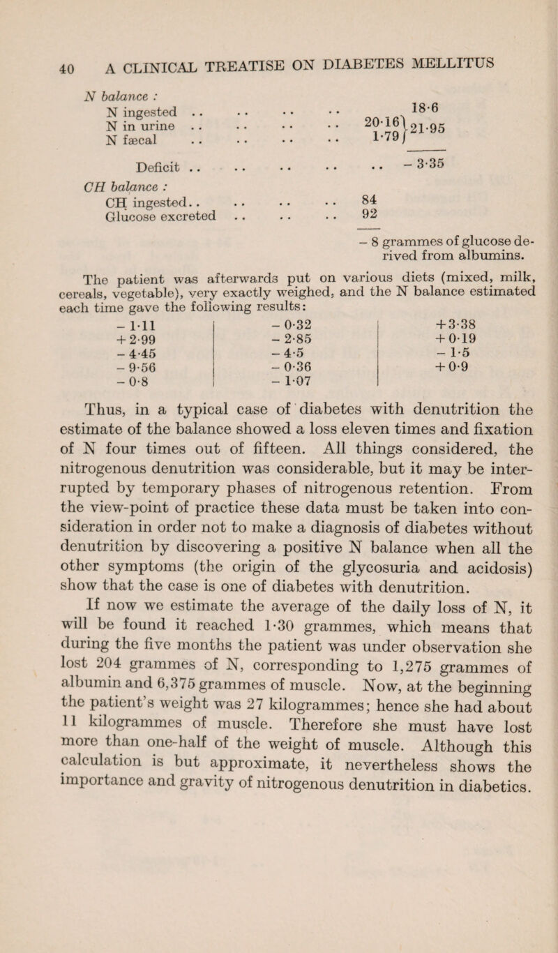 N balance : N ingested .. N in urine N fæcal Deficit .. CH balance : CH ingested. . Glucose excreted 20T6\ 1*79 / 18*6 21-95 - 3-35 84 92 - 8 grammes of glucose de¬ rived from albumins. The patient was afterwards put on various diets (mixed, milk, cereals, vegetable), very exactly weighed, and the N balance estimated each time gave the following results: - Ml + 2-99 -4-45 -9-56 -0-8 -0-32 - 2-85 -4-5 - 0-36 - 1-07 + 3-38 + 0-19 - 1-5 + 0-9 Thus, in a typical case of diabetes with denutrition the estimate of the balance showed a loss eleven times and fixation of N four times out of fifteen. All things considered, the nitrogenous denutrition was considerable, but it may be inter¬ rupted by temporary phases of nitrogenous retention. From the view-point of practice these data must be taken into con¬ sideration in order not to make a diagnosis of diabetes without denutrition by discovering a positive N balance when all the other symptoms (the origin of the glycosuria and acidosis) show that the case is one of diabetes with denutrition. If now we estimate the average of the daily loss of N, it will be found it reached 1-30 grammes, which means that during the five months the patient was under observation she lost 204 grammes of N, corresponding to 1,275 grammes of albumin and 6,375 grammes of muscle. Now, at the beginning the patient’s weight was 27 kilogrammes; hence she had about 11 kilogrammes of muscle. Therefore she must have lost more than one-half of the weight of muscle. Although this calculation is but approximate, it nevertheless shows the importance and gravity of nitrogenous denutrition in diabetics.