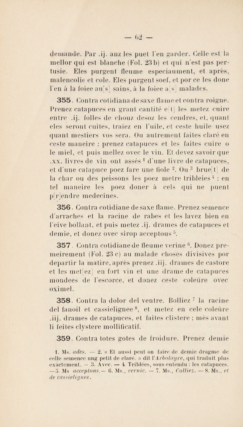 demande. Par .ij. anz les puet Peu garder. Celle est la mellor qui est blanche (Fol. 23b) et qui n’est pas per- tusie. Eles purgent fleume especiaument, et après, malencolie et cole. Eles purgent soef, et por ce les done l'en à la foiee airs] sains, à la foiee a [s] malades. 355. Contra cotidiana desaxe flame et contra roigne. Prenez catapuces en grant canti té e t] les metez cuire entre .ij. folles de chouz desoz les cendres, et, quant eles seront cuites, traiez en Puile, et ceste huile usez quant mestiers vos sera. Ou autrement faites claré en ceste maueire : prenez catapuces et les faites cuire o le miel, et puis mellez ovec le vin. Et devez savoir que .xx. livres de vin ont assés 1 d’une livre de catapuces, et d’une catapuce poez fare une fiole 2. Ou 3 b rue I de la char ou des peissons les poez métré tribleies 4 : en tel maueire les poez doner à cels qui ne puent p [r] en dre médecines. 356. Contra cotidiane de saxe flame. Prenez semence d’arraches et la racine de rabes et les lavez bien en Peive boitant, et puis metez .ij. drames de catapuces et demie, et donez ovec sirop acceptous 5. 357 . Contra cotidiane de fleume verine 6. Donez pre- meirement (Fol. 23 c) au malade choses divisives por départir la matire, après prenez .iij. drames de castore et les met[ez] en fort vin et une drame de catapuces mondees de l’escorce, et donez ceste coleüre ovec oximel. 358. Contra la dolor del ventre. Bolliez 7 la racine del fanoil et cassielignee 8, et metez en cele coleüre .iij. drames de catapuces, et faites distere ; mès avant li feites clystere modificatif. 359. Contra totes gotes de froidure. Prenez demie 1. Ms. actes. — 2. « Et aussi peut on faire de demie dragme de celle semence ung petit de claré, » dit 1 ’Arbolayre, qui traduit plus exactement. — 3. Avec. — 4. Triblées, sous-entendu : les catapuces. — 5. Ms acceptons.— 6. Ms., vernie. — 7. Ms., Colliez. — 8. Ms., et de cassielignee.
