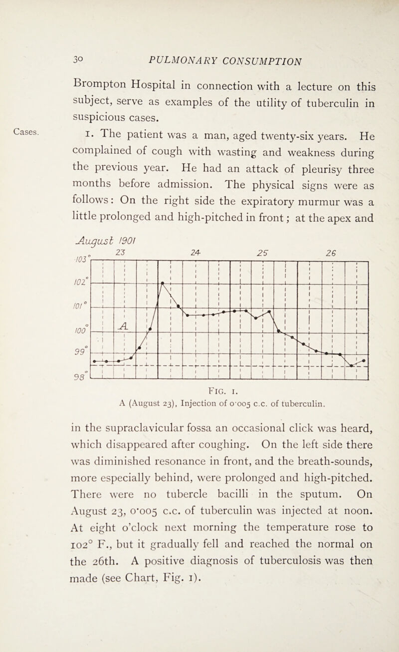 Cases. Brompton Hospital in connection with a lecture on this subject, serve as examples of the utility of tuberculin in suspicious cases. i. The patient was a man, aged twenty-six years. He complained of cough with wasting and weakness during the previous year. He had an attack of pleurisy three months before admission. The physical signs were as follows: On the right side the expiratory murmur was a little prolonged and high-pitched in front; at the apex and Angus l 1901 Fig. i. A (August 23), Injection of 0-005 c.c. of tuberculin. in the supraclavicular fossa an occasional click was heard, which disappeared after coughing. On the left side there was diminished resonance in front, and the breath-sounds, more especially behind, were prolonged and high-pitched. There were no tubercle bacilli in the sputum. On August 23, 0*005 c.c. of tuberculin was injected at noon. At eight o’clock next morning the temperature rose to 1020 F., but it gradually fell and reached the normal on the 26th. A positive diagnosis of tuberculosis was then made (see Chart, Fig. 1).