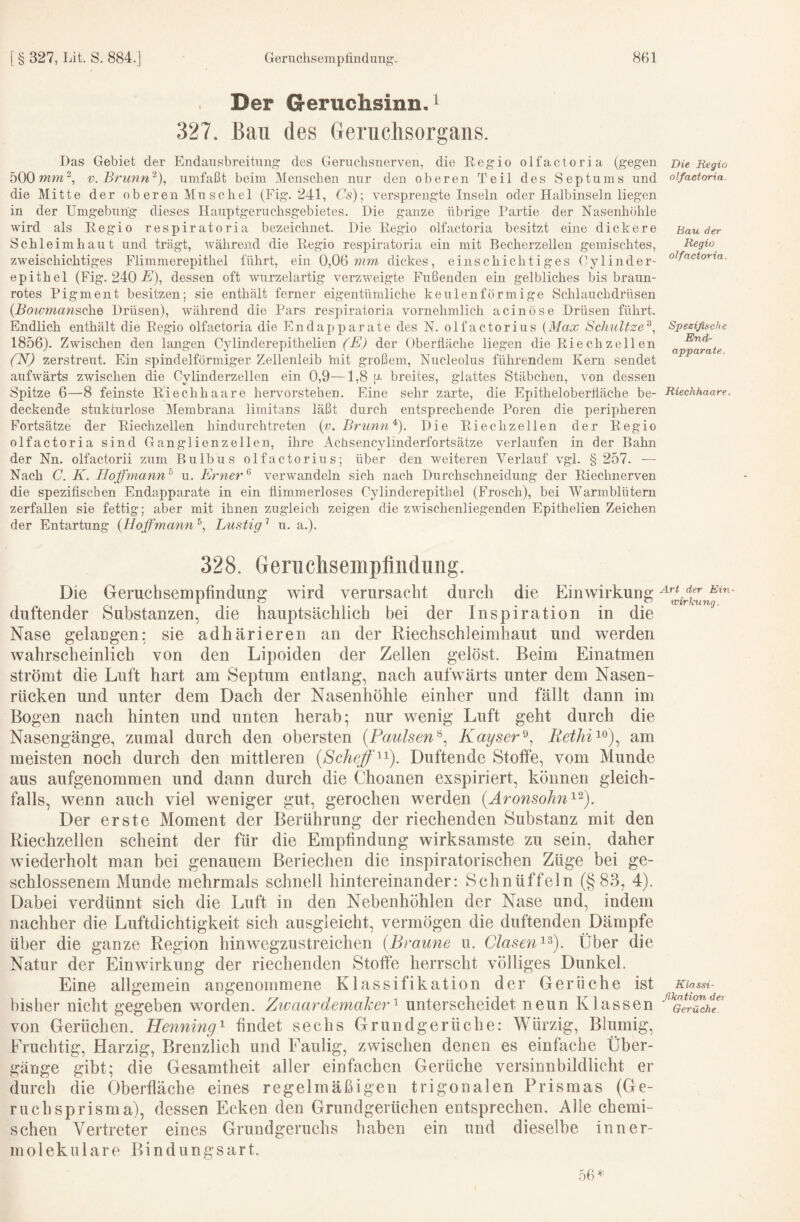 Der Geruchsinn. ^ 327. Bau des (renichsorgans. Bas Gebiet der Endausbreitung des Geruchsnerven, die Regio olfactoria. (gegen 500 v.Brunn^)^ umfaßt beim Menschen nur den oberen Teil des Septums und die Mitte der oberen Muschel (Fig. 241, Cs)-, versprengteinsein oder Halbinseln liegen in der Umgebung dieses Ilauptgeruchsgebietes. Die ganze übrige Partie der Nasenhöhle wird als Regio respiratoria bezeichnet. Die Regio olfactoria besitzt eine dickere Schleimhaut und trägt, während die Regio respiratoria ein mit Becherzellen gemischtes, zweischichtiges Flimmerepithel führt, ein 0,06 wm dickes, einschichtiges (-ylinder- epithel (Fig. 240 £), dessen oft wurzelartig verzweigte Fußenden ein gelbliches bis braun¬ rotes Pigment besitzen; sie enthält ferner eigentümliche keulenförmige Schlauchdrüsen (Boivmansche Drüsen), während die Pars respiratoria vornehmlich acinöse Drüsen führt. Endlich enthält die Regio olfactoria die Endapparate des N. olfactorius [Max Schultze'-^, 1856). Zwischen den langen Cylinderepithelien (E) der Oberfläche liegen die Riechzellen (N) zerstreut. Ein spindelförmiger Zellenleib mit großem, Nucleolus führendem Kern sendet aufwärts zwischen die Cylinderzellen ein 0,9—1,8 [J- breites, glattes Stäbchen, von dessen Spitze 6—8 feinste Riech haare hervorstehen. Eine sehr zarte, die Epitheloberfläche be¬ deckende stukturlose Membrana limitans läßt durch entsprechende Poren die peripheren Fortsätze der Riechzellen hindurchtreten {v. BrunnDie Riechzeilen der Regio olfactoria sind Ganglienzellen, ihre Achsencylinderfortsätze verlaufen in der Bahn der Nn. olfactorii zum Bulbus olfactorius; über den weiteren Verlauf vgl. § 257. — Nach C. K. Hojlfmann^ u. Eimer ^ verwandeln sich nach Durchschneidung der Riechnerven die spezifischen Enda.pparate in ein fiimmerloses Cylinderepithel (Frosch), bei Warmblütern zerfallen sie fettig; aber mit ihnen zugleich zeigen die zwischenliegenden Epithelien Zeichen der Entartung {Eoffmann Lustig ^ u. a.). 328. Genichsempfindung. Die Geruchsempfindung wird verursacht durch die Einwirkung duftender Substanzen, die hauptsächlich bei der Inspiration in die Nase gelangen: sie adhärieren an der Riechschieimhaut und werden wahrscheinlich von den Lipoiden der Zellen gelöst. Beim Einatmen strömt die Luft hart am Septum entlang, nach aufwärts unter dem Nasen¬ rücken und unter dem Dach der Nasenhöhle einher und fällt dann im Bogen nach hinten und unten herab; nur wenig Luft geht durch die Nasengänge, zumal durch den obersten {Paulsen^^ Kayser^, Rethi^^)^ am meisten noch durch den mittleren Duftende Stoffe, vom Munde aus aufgenommen und dann durch die Choanen exspiriert, können gleich¬ falls, wenn auch viel weniger gut, gerochen werden {Aronsohn^'^). Der erste Moment der Berührung der riechenden Substanz mit den Riechzellen scheint der für die Empfindung wirksamste zu sein, daher wiederholt man bei genauem Beriechen die inspiratorischen Züge bei ge¬ schlossenem Munde mehrmals schnell hintereinander: Schnüffeln (§83, 4). Dabei verdünnt sich die Luft in den Nebenhöhlen der Nase und, indem nachher die Luftdichtigkeit sich ausgleicht, vermögen die duftenden Dämpfe über die ganze Region hinwegzustreichen {Braune u. Glasen''-^). Über die Natur der Einwirkung der riechenden Stoffe herrscht völliges Dunkel. Eine allgemein angenommene Klassifikation der Gerüche ist bisher nicht gegeben worden. Zivaardemaker^ unterscheidet neun Klassen von Gerüchen. Henning^ findet sechs Grundgerüche: Würzig, Blumig, Fruchtig, Harzig, Brenzlich und Faulig, zwischen denen es einfache Über¬ gänge gibt; die Gesamtheit aller einfachen Gerüche versinnbildlicht er durch die Oberfläche eines regelmäßigen trigonalen Prismas (Ge¬ ruch sprisma), dessen Ecken den Grundgerüchen entsprechen. Alle chemi¬ schen Vertreter eines Grundgeruchs haben ein und dieselbe inner- molekulare Bindungsart. Die Regio olfactoria. Bau der Regio olfactoria. Spezifische End¬ apparate. Riechhaare. Art der Ein- mrkang. Klassi¬ fikation dei Gerüche.