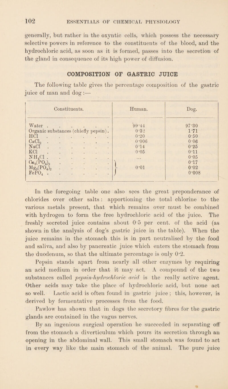 generally, but rather in the oxyntic cells, which possess the necessary selective powers in reference to the constituents of the blood, and the hydrochloric acid, as soon as it is formed, passes into the secretion of the gland in consequence of its high power of diffusion. COMPOSITION OF GASTRIC JUICE The following table gives the percentage composition of the gastric juice of man and dog :— Constituents. Human. Dog. Water ...... 99-44 97-30 Organic substances (chiefly pepsin). 0-32 1*71 HC1. 0-20 0-50 CaCl2. 0-006 0-06 NaCl. 0-14 0-25 KC1. 0-05 0-11 NH4C1. 0*05 Ga3(P04)2 ..... 0-17 Mg3(P04)2. y o-oi 0-02 FeP04 ...... J 0-008 In the foregoing table one also sees the great preponderance of chlorides over other salts: apportioning the total chlorine to the various metals present, that which remains over must be combined with hydrogen to form the free hydrochloric acid of the juice. The freshly secreted juice contains about 05 per cent, of the acid (as shown in the analysis of dog’s gastric juice in the table). When the juice remains in the stomach this is in part neutralised by the food and saliva, and also by pancreatic juice which enters the stomach from the duodenum, so that the ultimate percentage is only 0’2. Pepsin stands apart from nearly all other enzymes by requiring an acid medium in order that it may act. A compound of the two substances called pepsin-hydrochloric acid is the really active agent. Other acids may take the place of hydrochloric acid, but none act so well. Lactic acid is often found in gastric juice ; this, however, is derived by fermentative processes from the food. Pawlow has shown that in dogs the secretory fibres for the gastric glands are contained in the vagus nerves. By an ingenious surgical operation he succeeded in separating off from the stomach a diverticulum which pours its secretion through an opening in the abdominal wall. This small stomach was found to act in every way like the main stomach of the animal. The pure juice