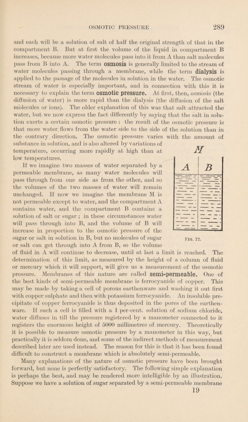 M and each will be a solution of salt of half the original strength of that in the compartment B. But at first the volume of the liquid in compartment B increases, because more water molecules pass into it from A than salt molecules pass from B into A. The term osmosis is generally limited to the stream of water molecules passing through a membrane, while the term dialysis is applied to the passage of the molecules in solution in the water. The osmotic stream of water is especially important, and in connection with this it is necessary to explain the term osmotic pressure. At first, then, osmosis (the diffusion of water) is more rapid than the dialysis (the diffusion of the salt molecules or ions). The older explanation of this was that salt attracted the water, but we now express the fact differently by saying that the salt in solu¬ tion exerts a certain osmotic pressure : the result of the osmotic pressure is that more water flows from the water side to the side of the solution than in the contrary direction. The osmotic pressure varies with the amount of substance in solution, and is also altered by variations of temperature, occurring more rapidly at high than at low temperatures. If we imagine two masses of water separated by a permeable membrane, as many water molecules will pass through from one side as from the other, and so the volumes of the two masses of water will remain unchanged. If now we imagine the membrane M is not permeable except to water, and the compartment A contains water, and the compartment B contains a solution of salt or sugar ; in these circumstances water will pass through into B, and the volume of B will increase in proportion to the osmotic pressure of the sugar or salt in solution in B, but no molecules of sugar or salt can get through into A from B, so the volume of fluid in A will continue to decrease, until at last a limit is reached. The determination of this limit, as measured by the height of a column of fluid or mercury which it will support, will give us a measurement of the osmotic pressure. Membranes of this nature are called semi-permeable. One of the best kinds of semi-permeable membrane is ferrocyanide of copper. This may be made by taking a cell of porous earthenware and washing it out first with copper sulphate and then with potassium ferrocyanide. An insoluble pre¬ cipitate of copjDer ferrocyanide is thus deposited in the pores of the earthen¬ ware. If such a cell is filled with a 1 per-cent, solution of sodium chloride, water diffuses in till the pressure registered by a manometer connected to it registers the enormous height of 5000 millimetres of mercury. Theoretically it is possible to measure osmotic pressure by a manometer in this way, but practically it is seldom done, and some of the indirect methods of measurement described later are used instead. The reason for this is that it has been found difficult to construct a membrane which is absolutely semi-permeable. Many explanations of the nature of osmotic pressure have been brought forward, but none is perfectly satisfactory. The following simple explanation is perhaps the best, and may be rendered more intelligible by an illustration. Suppose we have a solution of sugar separated by a semi-permeable membrane 19