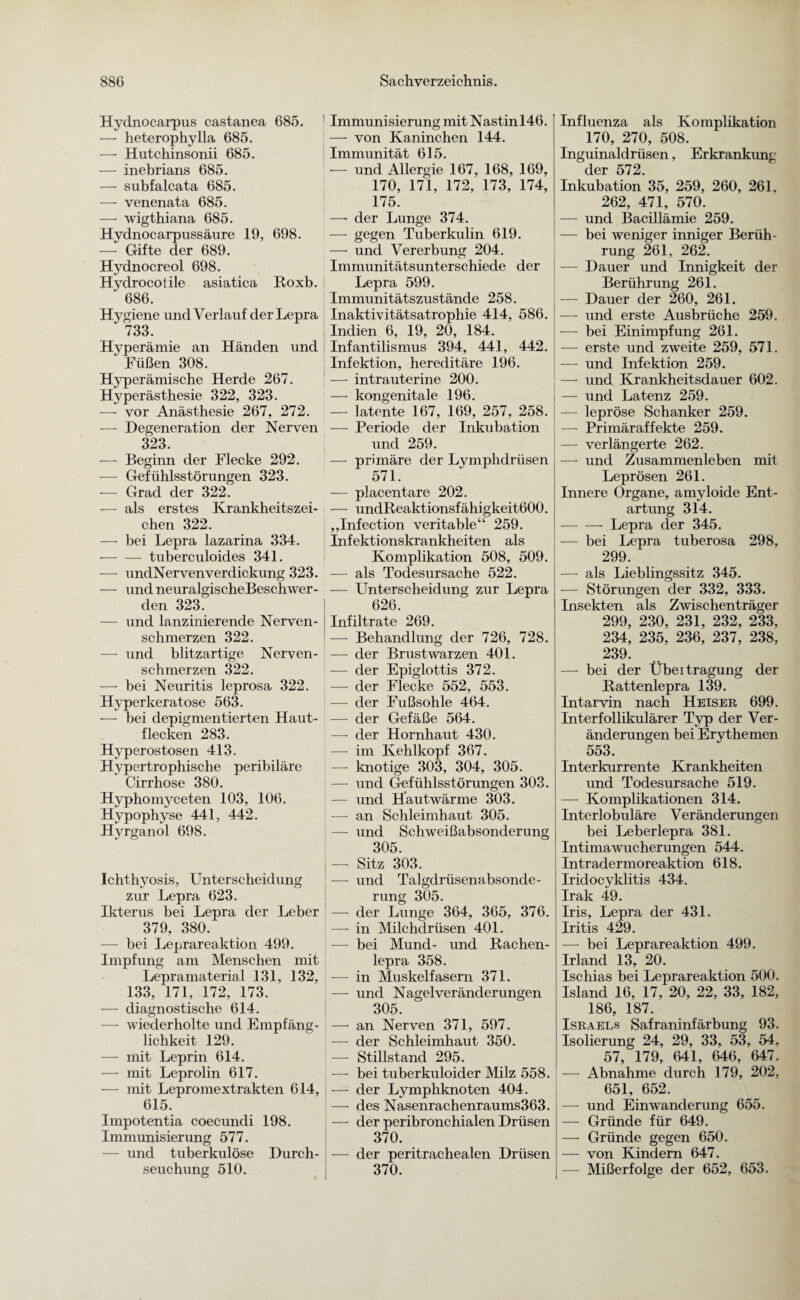 Hydnocarpus castanea 685. 1 — heterophylla 685. — Hutchinsonii 685. — inebrians 685. — subfalcata 685. — venenata 685. — wigthiana 685. Hydnocarpussäure 19, 698. —• Gifte der 689. Hydnocreol 698. Hydrocotile asiatica Roxb. ‘ 686. Hygiene und Verlauf der Lepra ‘ 733. Hyperämie an Händen und Füßen 308. Hyperämische Herde 267. Hyperästhesie 322, 323. — vor Anästhesie 267, 272. — Degeneration der Nerven 323. — Beginn der Flecke 292. — Gefühlsstörungen 323. — Grad der 322. — als erstes Krankheitszei- chen 322. —• bei Lepra lazarina 334. -tuberculoides 341. — undNervenverdickung 323. — und neuralgischeBeschwer- den 323. — und lanzinierende Nerven¬ schmerzen 322. — und blitzartige Nerven¬ schmerzen 322. — bei Neuritis leprosa 322. Hyperkeratose 563. •— bei depigmentierten Haut¬ flecken 283. Hyperostosen 413. Hypertrophische peribiläre Cirrhose 380. Hyphomyceten 103, 106. Hypophyse 441, 442. Hyrganol 698. Ichthyosis, Unterscheidung zur Lepra 623. Ikterus bei Lepra der Leber 379, 380. — bei Leprareaktion 499. Impfung am Menschen mit Lepramaterial 131, 132, 133, 171, 172, 173. — diagnostische 614. — wiederholte und Empfäng¬ lichkeit 129. —- mit Leprin 614. — mit Leprolin 617. — mit Lepromextrakten 614, 615. Impotentia coecuncli 198. Immunisierung 577. — und tuberkulöse Durch¬ seuchung 510. Immunisierung mit Nastinl46. —• von Kaninchen 144. Immunität 615. •— und Allergie 167, 168, 169, 170, 171, 172, 173, 174, 175. —• der Lunge 374. — gegen Tuberkulin 619. — und Vererbung 204. Immunitätsunterschiede der Lepra 599. Immunitätszustände 258. Inaktivitätsatrophie 414, 586. Indien 6, 19, 20, 184. Infantilismus 394, 441, 442. Infektion, hereditäre 196. — intrauterine 200. — kongenitale 196. — latente 167, 169, 257, 258. — Periode der Inkubation und 259. — primäre der Lymphdrüsen 571. — placentare 202. — undReaktionsfähigkeit600. ,,Infection veritable“ 259. Infektionskrankheiten als Komplikation 508, 509. — als Todesursache 522. — Unterscheidung zur Lepra 626. Infiltrate 269. — Behandlung der 726, 728. — der Brustwarzen 401. — der Epiglottis 372. — der Flecke 552, 553. — der Fußsohle 464. — der Gefäße 564. —• der Hornhaut 430. — im Kehlkopf 367. — knotige 303, 304, 305. — und Gefühlsstörungen 303. — und Hautwärme 303. — an Schleimhaut 305. —- und Schweißabsonderung 305. — Sitz 303. — und Talgdrüsenabsonde¬ rung 305. — der Lunge 364, 365, 376. — in Milchdrüsen 401. — bei Mund- und Rachen¬ lepra 358. — in Muskelfasern 371. — und Nagel Veränderungen 305. —- an Nerven 371, 597. — der Schleimhaut 350. — Stillstand 295. — bei tuberkuloider Milz 558. — der Lymphknoten 404. — des Nasenrachenraums363. — der peribronchialen Drüsen 370. — der peritrachealen Drüsen 370. Influenza als Komplikation 170, 270, 508. Inguinaldrüsen, Erkrankung der 572 Inkubation 35, 259, 260, 261, 262, 471, 570. — und Bacillämie 259. — bei weniger inniger Berüh¬ rung 261, 262. — Dauer und Innigkeit der Berührung 261. — Dauer der 260, 261. — und erste Ausbrüche 259. — bei Einimpfung 261. — erste und zweite 259, 571. — und Infektion 259. — und Krankheitsdauer 602. — und Latenz 259. — lepröse Schanker 259. — Primäraffekte 259. — verlängerte 262. — und Zusammenleben mit Leprösen 261. Innere Organe, amyloide Ent¬ artung 314. — — Lepra der 345. — bei Lepra tuberosa 298, 299. — als Lieblingssitz 345. — Störungen der 332, 333. Insekten als Zwischenträger 299, 230, 231, 232, 233, 234, 235, 236, 237, 238, 239. — bei der Übeitragung der Rattenlepra 139. Intarvin nach Heiser 699. Interfollikulärer Typ der Ver¬ änderungen bei Erythemen 553. Interkurrente Krankheiten und Todesursache 519. — Komplikationen 314. Interlobuläre Veränderungen bei Leberlepra 381. Intimawucherungen 544. Intradermoreaktion 618. Iridocyklitis 434. Irak 49. Iris, Lepra der 431. Iritis 429. — bei Leprareaktion 499. Irland 13, 20. Ischias bei Leprareaktion 500. Island 16, 17, 20, 22, 33, 182, 186, 187. Israels Safraninfärbung 93. Isolierung 24, 29, 33, 53, 54, 57, 179, 641, 646, 647. — Abnahme durch 179, 202, 651, 652. — und Einwanderung 655. — Gründe für 649. — Gründe gegen 650. — von Kindern 647. — Mißerfolge der 652, 653.
