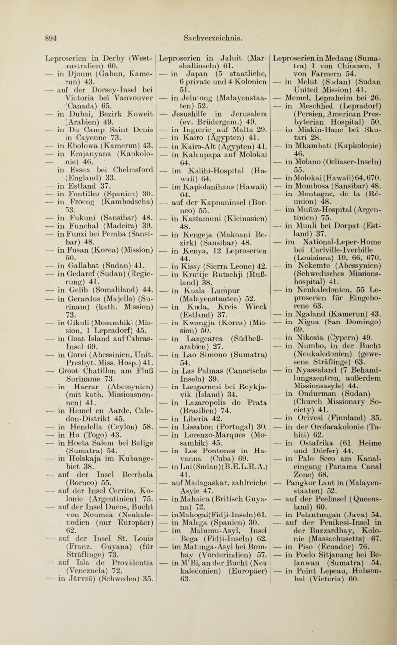Leproserien in Derby (West¬ australien) 60. — in Dioum (Gabun, Kame¬ run) 43. — auf der Dorsey-Insel bei Victoria bei Vanvouver (Canada) 65. in Dubai, Bezirk Koweit (Arabien) 49. — in Du Camp Saint Denis in Cayenne 73. — in Ebolowa (Kamerun) 43. — in Emjanyana (Kapkolo- nie) 46. in Essex bei Chelmsford (England) 33. — in Estland 37. — in Eontilles (Spanien) 30. — in Froeng (Kambodscha) 53. — in Fukuni (Sansibar) 48. — in Funchal (Madeira) 39. — in Funzi bei Pemba (Sansi¬ bar) 48. — in Fusan (Korea) (Mission) 50. — in Gallabat (Sudan) 41. — in Gedaref (Sudan) (Regie¬ rung) 41. — in Gelib (Somaliland) 44. — in Gerardus (Majella) (Su¬ rinam) (kath. Mission) 73. — in Gikuli (Mosambik) (Mis¬ sion, 1 Lepradorf) 45. — in Goat Island auf Cabras- Insel 69. — in Gorei (Abessinien, Unit. Presbyt. Miss. Hosp.) 41. — Groot Chatillon am Fluß Suriname 73. — in Harrar (Abessjmien) (mit kath. Missionsnon¬ nen) 41. — in Hemel en Aarde, Cale- don-Distrikt 45. — in Hendella (Ceylon) 58. — in Ho (Togo) 43. — in Hoeta Salem bei Balige (Sumatra) 54. — in Holskaja im Kubange¬ biet 38. — auf der Insel Beerhala (Borneo) 55. — auf der Insel Cerrito, Ko¬ lonie (Argentinien) 75. — auf der Insel Ducos, Bucht von Noumea (Neukale- r.odien (nur Europäer) 62. — auf der Insel St. Louis (Franz. Guyana) (für Sträflinge) 73. — auf Isla de Providentia (Venezuela) 72. — in Järvsö) (Schweden) 35. Leproserien in Jaluit (Mar¬ shallinseln) 61. — in Japan (5 staatliche, 6 private und 4 Kolonien 51. — in Jelut ong (Malayenstaa- ten) 52. — Jesushilfe in Jerusalem (ev. Brüdergem.) 49. — in Ingrerie auf Malta 29. — in Kairo (Ägypten) 41. — in Kairo-Alt (Ägypten) 4L — in Kalaupapa auf Molokai 64. — im Kalihi-Hospital (Ha¬ waii) 64. — im Kapiolanihaus (Hawaii) 64. — auf der Kapnaninsel (Bor¬ neo) 55. — in Kastamuni (Kleinasien) 48. — in Kengeja (Makoani Be¬ zirk) (Sansibar) 48. — in Kenya, 12 Leproserien 44. — in Kissy (Sierra Leone) 42. — in Krutije Rutschji (Ruß¬ land) 38. — in Kuala Lumpur (Malayenstaaten) 52. —- in Kuda, Kreis Wieck (Estland) 37. — in Kwangju (Korea) (Mis¬ sion) 50. — in Langearca (Südbeß- arabien) 27. -—- in Lao Simono (Sumatra) 54. — in Las Palmas (Canarische Inseln) 39. -—- in Laugarnesi bei Reykja¬ vik (Island) 34. — in Lazaropolis do Prata (Brasilien) 74. — in Liberia 42. — in Lissabon (Portugal) 30. — in Lorenzo-Marques (Mo¬ sambik) 45. — in Los Pontones in Ha¬ vanna (Cuba) 69. — inLui(Sudan)(B.E.L.R.A.) 4L — auf Madagaskar, zahlreiche Asyle 47. — in Mahaica (Britisch Guya¬ na) 72. — inMakogai(Fidji-Inseln)61. —• in Malaga (Spanien) 30. — im Malumu-Asyl, Insel Bega (Fidji-Inseln) 62. — im Matunga-Äsyl bei Bom¬ bay (Vorderindien) 57. — in M’Bi, an der Bucht (Neu kaledonien) (Europäer) 63. Leproserien in Medang (Suma¬ tra) 1 von Chinesen, 1 von Farmern 54. — in Melut (Sudan) (Sudan United Mission) 4L — Memel, Lepraheim bei 26. — in Meschhed (Lepradorf) (Persien, American Pres- byterian Hospital) 50. — in Miskin-Hane bei Sku- tari 28. — in Mkambati (Kapkolonie) 46. -— in Molano (Oeliaser-Inseln) 55. — in Molokai (Hawaii) 64,670. — in Mombosa (Sansibar) 48. — in Montagne, de la (Re¬ union) 48. — im Muniz-Hospital (Argen¬ tinien) 75. — in Muuli bei Dorpat (Est¬ land) 37. — im National-Leper-Home bei Carlville-Iverbille (Louisiana) 19, 66, 670. — in Nekemte (Abessynien) (Schwedisches Missions- hospital) 4L — in Neukaledonien, 55 Le¬ proserien für Eingebo¬ rene 63. -— in Ngaland (Kamerun) 43. — in Nigua (San Domingo) 69. — in Nikosia (Cypern) 49. —- in Numbo, in der Bucht (Neukaledonien) (gewe¬ sene Sträflinge) 63. -— in Nyassaland (7 Behand¬ lungszentren, außerdem Missionsasyle) 44. — in Ondurman (Sudan) (Church Missionarv So¬ ciety) 41. — in Orivesi (Finnland) 35. — in der Orofarakolonie (Ta¬ hiti) 62. — in Ostafrika (61 Heime und Dörfer) 44. — in Palo Seco am Kanal¬ eingang (Panama Canal Zone) 68. -— Pangkor Laut in (Malayen¬ staaten) 52. — auf der Peelinsel (Queens¬ land) 60. — in Pelantungan (Java) 54. — auf der Penikesi-Insel in der Buzzardbay, Kolo¬ nie (Massachusetts) 67. — in Piso (Ecuador) 76. — in Poelo Sitjanang bei Be- lanwan (Sumatra) 54. — in Point Lepeau, Hobson- bai (Victoria) 60.