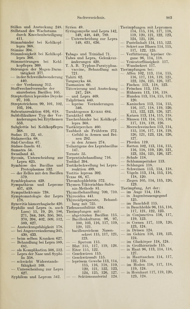 Stillen und Ansteckung 248. Stillstand des Wachstums durch Knochenbeteiligung 411. Stimmbänder bei Kehlkopf - lepra 368. Stimme 394. Stimmlosigkeit bei Kehlkopf- j lepra 366. Stimmstörungen bei Kehl¬ kopflepra 369. Störungen der Magen-Darm - tätigkeit 377. — in der Schweißabsonderung 440. — der Verdauung 312. Stoffwechselversuche der säurefesten Bacillen 105. Streptothrox leproides Deycke 97, 103. Streptotricheen 99, 101, 102, 103, 104. Subcutanreaktion 616, 618. Subfollikulärer Typ der Ver¬ änderungen bei Erythemen 553. Subglottis bei Kehlkopflepra 368. Sudan 21, 22, 41. Südamerika 68. Süd-Carolina 67. Südsee-Inseln 61. Sumatra 54. Swasiland 45. Sycosis, Unterscheidung zur Lepra 625. Symbiose des Bacillus und Protoplasmas 532. — der Zellen mit den Bacillen 579. Symblepharon 429. Sympathicus und Leprome 457, 459. Sympathektomie 738. Symptomatologie der Lepra 178. Synovitis hämorrhagische 420. Syphilis und Lepra (s. auch Lues) 15, 19, 20, 186, 271, 344, 348, 350, 365, 370, 394, 402, 509, 512, 589, 627. — Ansteckungsfähigkeit 178. — bei Augenveränderung341, 430, 433. — beim selben Kranken 627. — Behandlung bei Lepra 589, 681. — als Komplikation 508, 512. — Lepra der Nase und Syphi¬ lis 358. — schwächt Widerstands¬ fähigkeit 169. — Unterscheidung zur Lepra 627. Syphilom und Leprom 542. Syrien 49. Syringomyelie und Lepra 142, 149, 448, 449, 789. — Unterscheidung zur Lepra 149, 631, 636. Tabago und Trinidad 71. Tabes und Lepra, Gelenkver¬ änderungen 420. T. A. B. Typhus-Paratyphus¬ vaccine, Behandlung mit 721. Tahiti 62. Tanganyka 44. Tasmanien 60. Tätowierung und Ansteckung 247, 248. — und Lepra 469. Talgdrüsen 440. — lepröse Veränderungen 546. Taraktogenos Ktjrzii 684. Tarakthyl 699. Taschenbänder bei Kehlkopf- lepra 368. Tastkörperchen 460. Taubheit als Erühform 272. Gefühl in Armen und Bei¬ nen 292. — in den Armen 274. Teilantigene des Leprabacillus 147. Ternate 55. Terpentinbehandlung 716. Testikel 394. Testikelscliwellung bei Lepra¬ reaktion 499. Testitis leprosa 392. Texas 66, 67. Thrombophlebitis 572. Thymen-Viktoriablau- Saf ra- nin-Methode 81. Thymolbehandlung 709, 710. Thyreoidea 441. Thyreoidpräparate, Behand¬ lung mit 725. Tiefensensibilität 634. Tierimpfungen mit: — abgetöteten Bacillen 115. — Bacillenkulturen 96, 97, 100, 103, 116, 117, 119, 120, 121. bacillenreichem Nasen¬ sekret 115, 117, 121, 123. -Sputum 115. — Blut 115, 117, 119, 126. — Eiter 115, 122. Geschwüren 115. — Geschwürssaft 115. leprösem Gewebe 113, 114, 115, 116, 118, 119, 120, 121, 122, 123, 124, 125, 126, 127. Sektionsmaterial 124. Tierimpfungen mit Lepromen 114, 115, 116, 117, 118, 119, 120, 121, 122, 123, 124, 125, 126. — Pustelinhalt 114, 115, 122. Sekret aus Blasen 114, 115, 117, 122, 125. — Verfütterung lepröser Or¬ gane 96, 114, 118. — Vesicatorflüssigkeit 117. — Wundsekret 117. Tierimpfungen bei: — Affen 102, 113, 114, 115, 116, 117, 118, 119, 121, 122, 124, 125, 126, 127. — Fischen 113, 118, 123. — Fröschen 113, 118. — Hühnern 113, 116, 118. — Hunden 113, 114, 115, 118, 120. — Kaninchen 113, 114, 115, 116, 117, 118, 119, 120, 121, 122, 123, 126, 127. — Katzen 113, 114, 115, 118. — Mäusen 113, 114, 115, 116, 117, 118, 119, 126. — Meerschweinchen 113, 114, 115, 116, 117, 118, 119, 120, 121, 123, 124, 126, 127. — Pferden 119. — Ratten 102, 113, 114, 115, 116, 118, 119, 120, 121, 123, 124, 125, 126, 127. — Schafe 118. — Schlammpeitzker 113. i— Schlangen 118. — Schweinen 113, 114, 118. — Vögeln 113, 114, 115, 116, 118, 120. — Ziegen 105, 114, 115, 120, 123. Tierimpfung, Art der: — im Auge 114, 118. — in Augenbrauengegend 125. — im Bauchfell 115. in Bauchhöhle 96, 115, 116, 117, 121, 122, 123. — in Conjunctiva 116, 117, 119, 123. — in Cornea 117, 119, 120, 123, 124. — in Drüsen 124. im Gehirn 116, 119, 123, 124. — im Glaskörper 118, 124. — in Großhirnrinde 115. — in Haut 96, 113, 114, 118, 127. in Hauttaschen 114, 117, 122 124. — im Hoden 116, 117, 118, 119, 124. in Hornhaut 117, 119, 120, 123, 124.