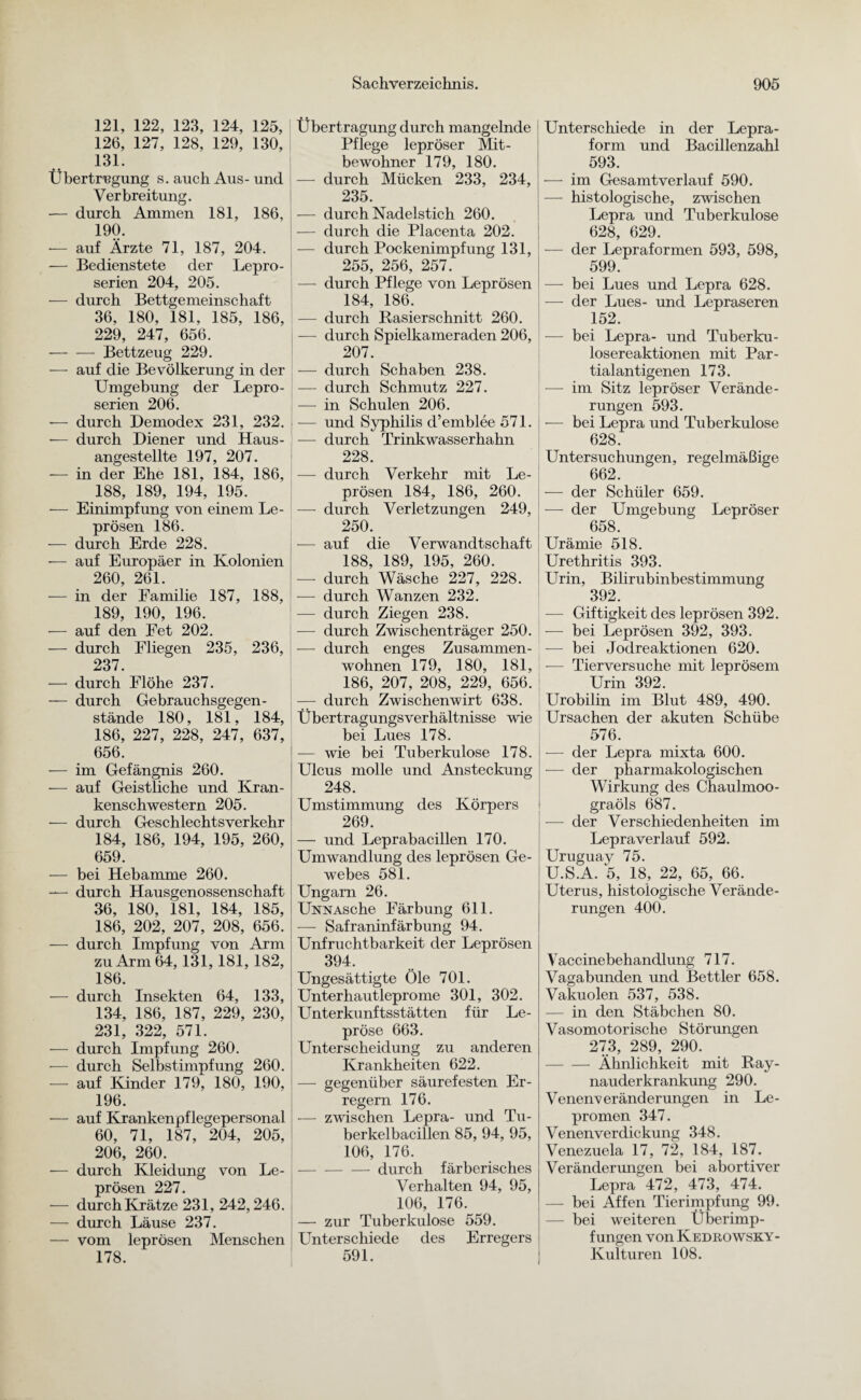 121, 122, 123, 124, 125, 126, 127, 128, 129, 130, 131. Übertragung s. auch Aus- und Verbreitung. •— durch Ammen 181, 186, 190. — auf Ärzte 71, 187, 204. — Bedienstete der Lepro- serien 204, 205. — durch Bettgemeinschaft 36, 180, 181, 185, 186, 229, 247, 656. — — Bettzeug 229. — auf die Bevölkerung in der Umgebung der Lepro- serien 206. — durch Demodex 231, 232. — durch Diener und Haus¬ angestellte 197, 207. — in der Ehe 181, 184, 186, 188, 189, 194, 195. — Einimpfung von einem Le¬ prösen 186. — durch Erde 228. ■— auf Europäer in Kolonien 260, 261. — in der Eamilie 187, 188, 189, 190, 196. — auf den Fet 202. — durch Fliegen 235, 236, 237. — durch Flöhe 237. — durch Gebrauchsgegen¬ stände 180, 181, 184, 186, 227, 228, 247, 637, 656. — im Gefängnis 260. — auf Geistliche und Kran¬ kenschwestern 205. — durch Geschlechtsverkehr 184, 186, 194, 195, 260, 659. — bei Hebamme 260. —- durch Hausgenossenschaft 36, 180, 181, 184, 185, 186, 202, 207, 208, 656. — durch Impfung von Arm zu Arm 64, 131,181, 182, 186. •— durch Insekten 64, 133, 134, 186, 187, 229, 230, 231, 322, 571. — durch Impfung 260. -— durch Selbstimpfung 260. - auf Kinder 179, 180, 190. 196. •— auf Krankenpflegepersonal 60, 71, 187, 204, 205, 206, 260. •— durch Kleidung von Le¬ prösen 227. — durch Krätze 231, 242,246. — durch Läuse 237. — vom leprösen Menschen 178. Übertragung durch mangelnde Pflege lepröser Mit¬ bewohner 179, 180. — durch Mücken 233, 234, 235. — durch Nadelstich 260. — durch die Placenta 202. — durch Pockenimpfung 131, 255, 256, 257. — durch Pflege von Leprösen 184, 186. —- durch Rasierschnitt 260. —- durch Spielkameraden 206, 207. — durch Schaben 238. — durch Schmutz 227. — in Schulen 206. ! — und Syphilis d’emblee 571. — durch Trinkwasserhahn 228. — durch Verkehr mit Le¬ prösen 184, 186, 260. —- durch Verletzungen 249, 250. -— auf die Verwandtschaft 188, 189, 195, 260. -—- durch Wäsche 227, 228. -— durch Wanzen 232. •—- durch Ziegen 238. —- durch Zwischenträger 250. — durch enges Zusammen¬ wohnen 179, 180, 181, 186, 207, 208, 229, 656. — durch Zwischenwirt 638. Übertragungsverhältnisse wie bei Lues 178. — wie bei Tuberkulose 178. Ulcus molle und Ansteckung 248. Umstimmung des Körpers 269. — und Leprabacillen 170. Umwandlung des leprösen Ge¬ webes 581. Ungarn 26. UNNASche Färbung 611. — Safraninfärbung 94. Unfruchtbarkeit der Leprösen 394. Ungesättigte Öle 701. Unterhautleprome 301, 302. Unterkunftsstätten für Le¬ pröse 663. Unterscheidung zu anderen Krankheiten 622. — gegenüber säurefesten Er¬ regern 176. — zwischen Lepra- und Tu¬ berkelbacillen 85, 94, 95, 106, 176. -durch färberisches Verhalten 94, 95, 106, 176. — zur Tuberkulose 559. Unterschiede des Erregers 591. Unterschiede in der Lepra¬ form und Bacillenzahl 593. — im Gesamtverlauf 590. — histologische, zwischen Lepra und Tuberkulose 628, 629. -— der Lepraformen 593, 598, 599. — bei Lues und Lepra 628. — der Lues- und Lepraseren 152. — bei Lepra- und Tuberku¬ losereaktionen mit Par¬ tialantigenen 173. — im Sitz lepröser Verände¬ rungen 593. — bei Lepra und Tuberkulose 628. Untersuchungen, regelmäßige 662. — der Schüler 659. — der Umgebung Lepröser 658. Urämie 518. Urethritis 393. Urin, Bilirubinbestimmung 392. | —- Giftigkeit des leprösen 392. -— bei Leprösen 392, 393. — bei Jodreaktionen 620. — Tierversuche mit leprösem Urin 392. Urobilin im Blut 489, 490. Ursachen der akuten Schübe 576. — der Lepra mixta 600. —- der pharmakologischen Wirkung des Chaulmoo- graöls 687. -—- der Verschiedenheiten im Lepraverlauf 592. Uruguay 75. U.S.A. 5, 18, 22, 65, 66. Uterus, histologische Verände¬ rungen 400. Vaccinebehandlung 717. Vagabunden und Bettler 658. Vakuolen 537, 538. — in den Stäbchen 80. Vasomotorische Störungen 273, 289, 290. -Ähnlichkeit mit Ray¬ nauderkrankung 290. Venenveränderungen in Le- promen 347. Venenverdickung 348. Venezuela 17, 72, 184, 187. Veränderimgen bei abortiver Lepra 472, 473, 474. — bei Affen Tierimpfung 99. — bei weiteren Überimp¬ fungen von Kedrowsky- Kulturen 108.